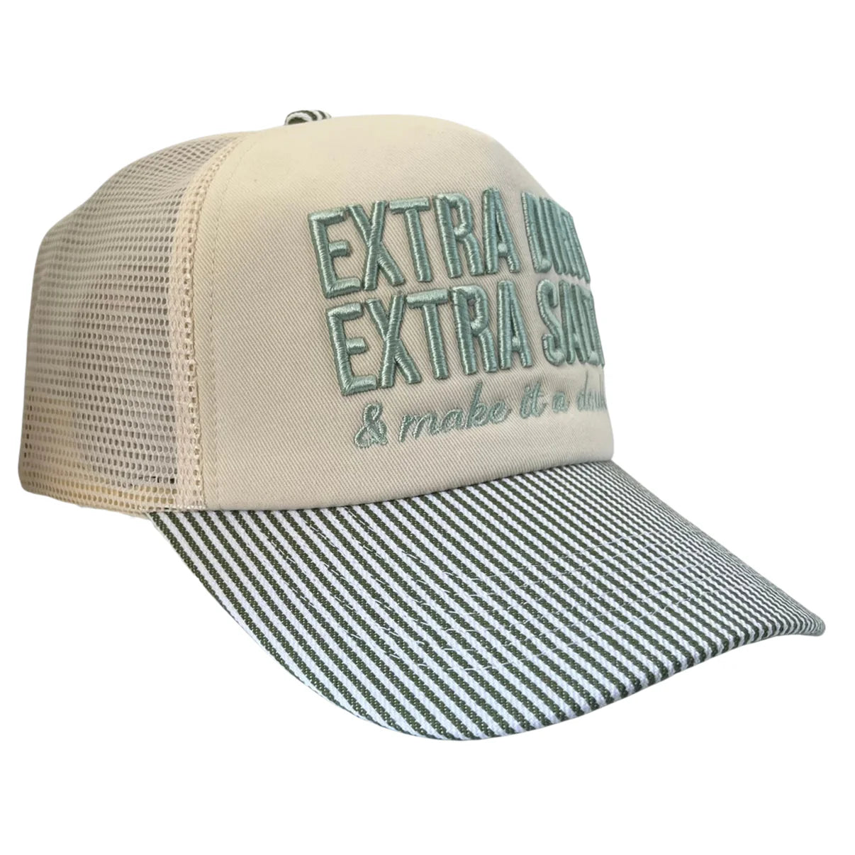 The Worn West Extra Dirty Extra Salty Trucker Hat features beige and white colors, green-and-white striped brim, green embroidered “EXTRA LIME, EXTRA SAUCE & make it a day” text, mesh back and sides, and an adjustable snapback closure.