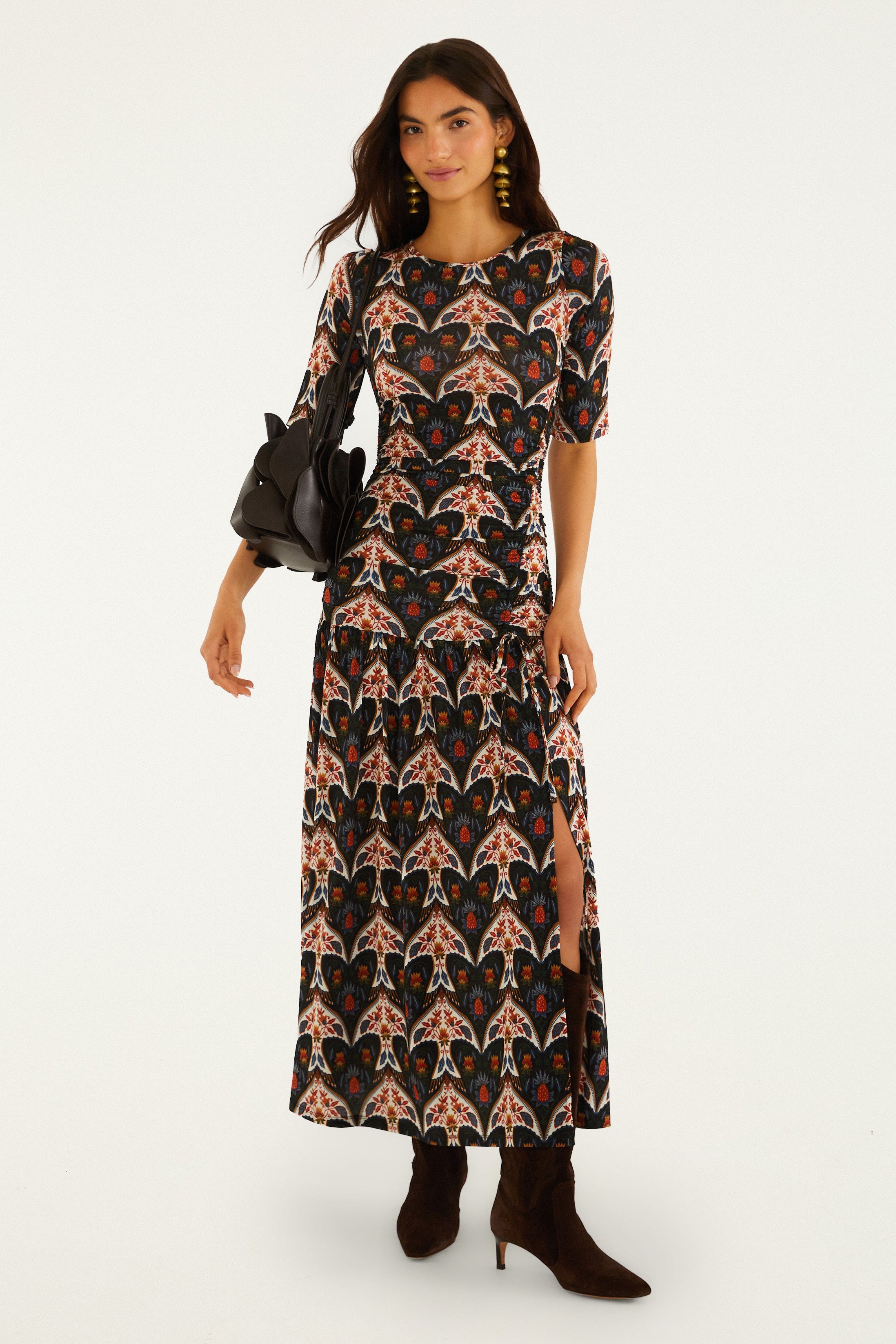 Porcelain Birds Black Long Sleeve Maxi Dress