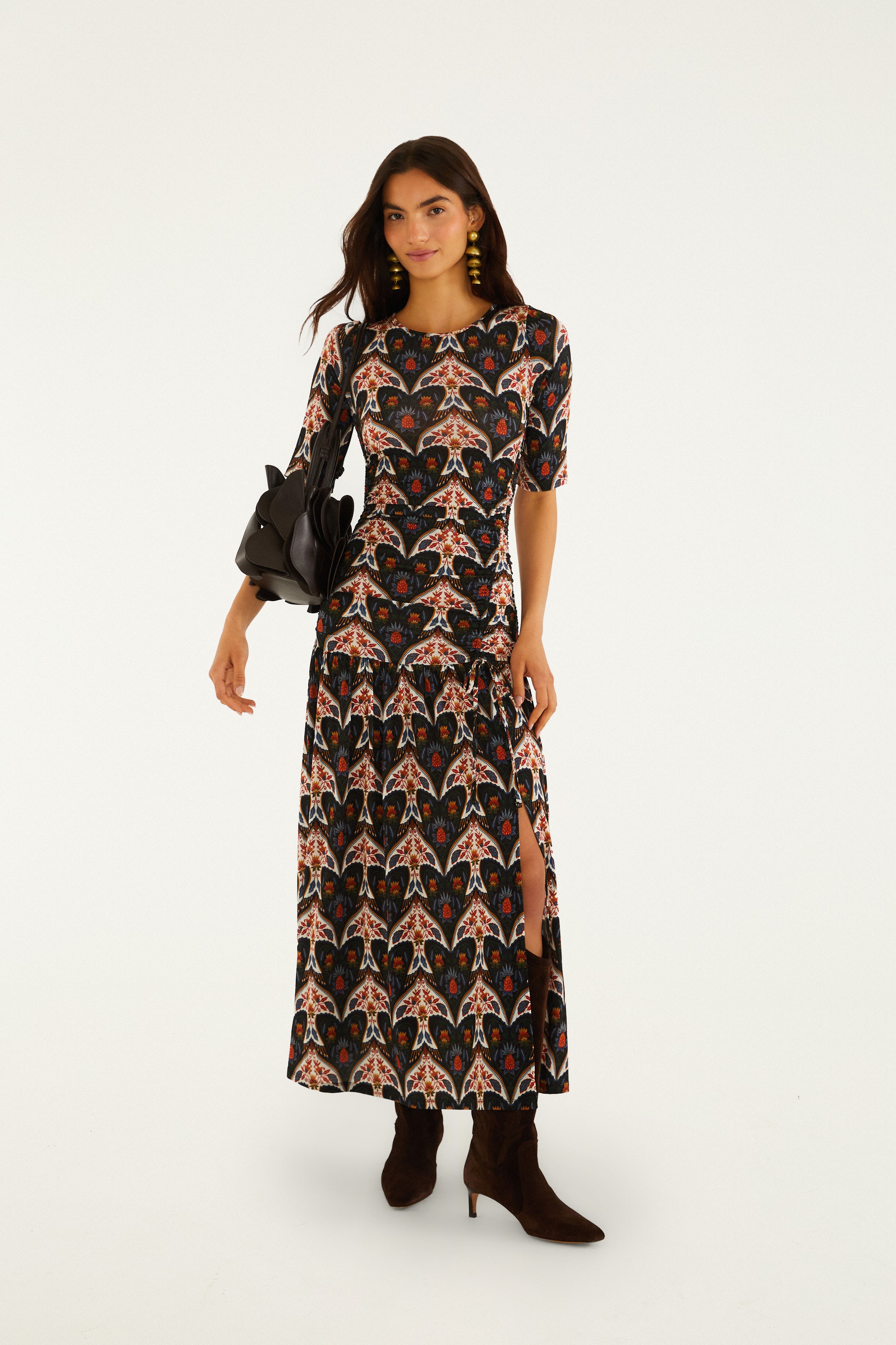 Porcelain Birds Black Long Sleeve Maxi Dress