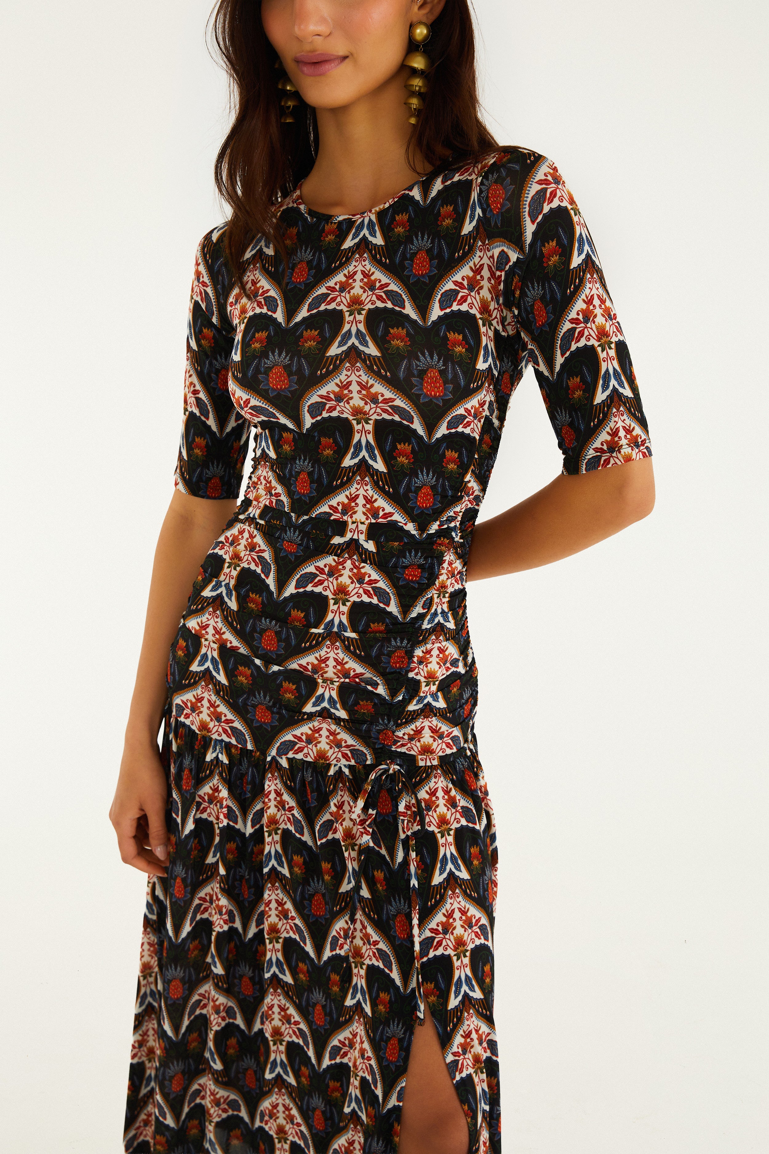 Porcelain Birds Black Long Sleeve Maxi Dress