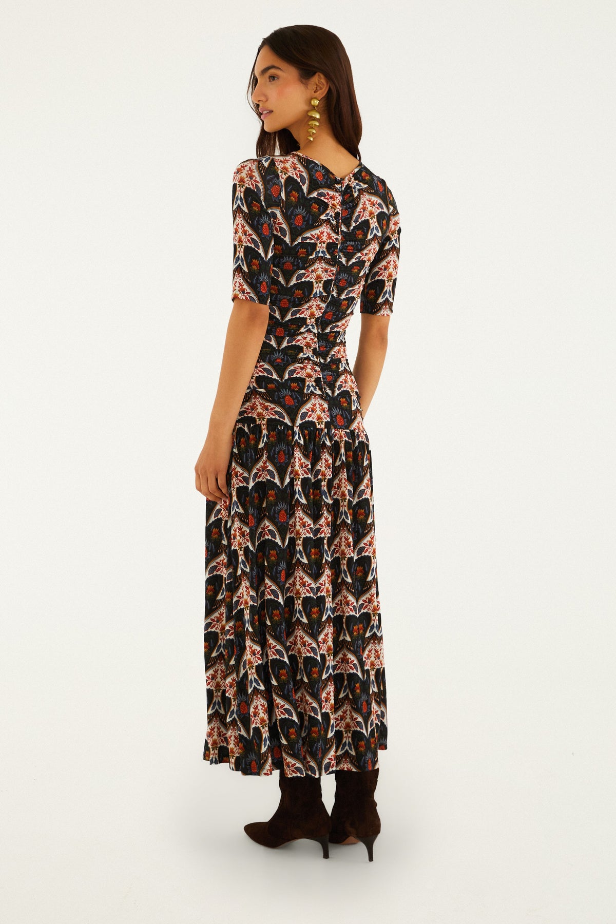 Porcelain Birds Black Long Sleeve Maxi Dress