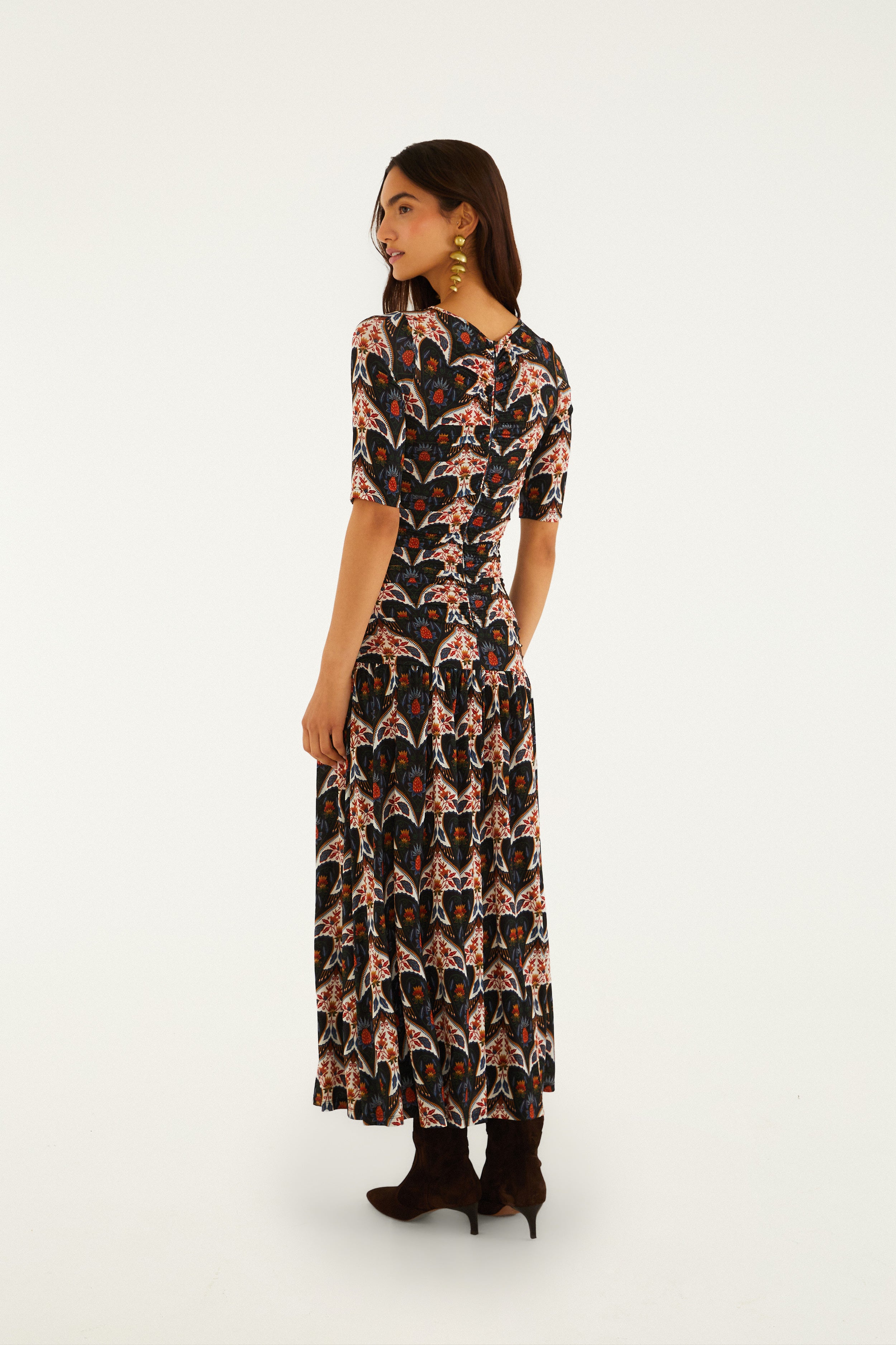 Porcelain Birds Black Long Sleeve Maxi Dress