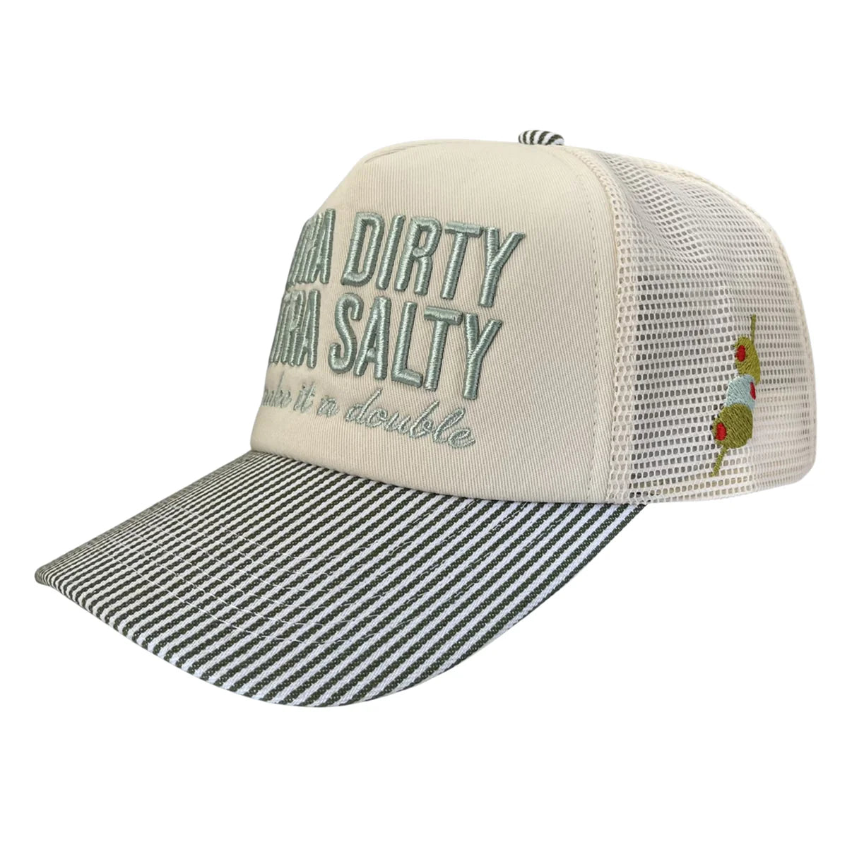 The Extra Dirty Extra Salty Trucker Hat by Worn West is a unisex white mesh cap with blue embroidered text, a striped black-and-white brim, snapback closure, and a small embroidered cocktail garnish on the side.