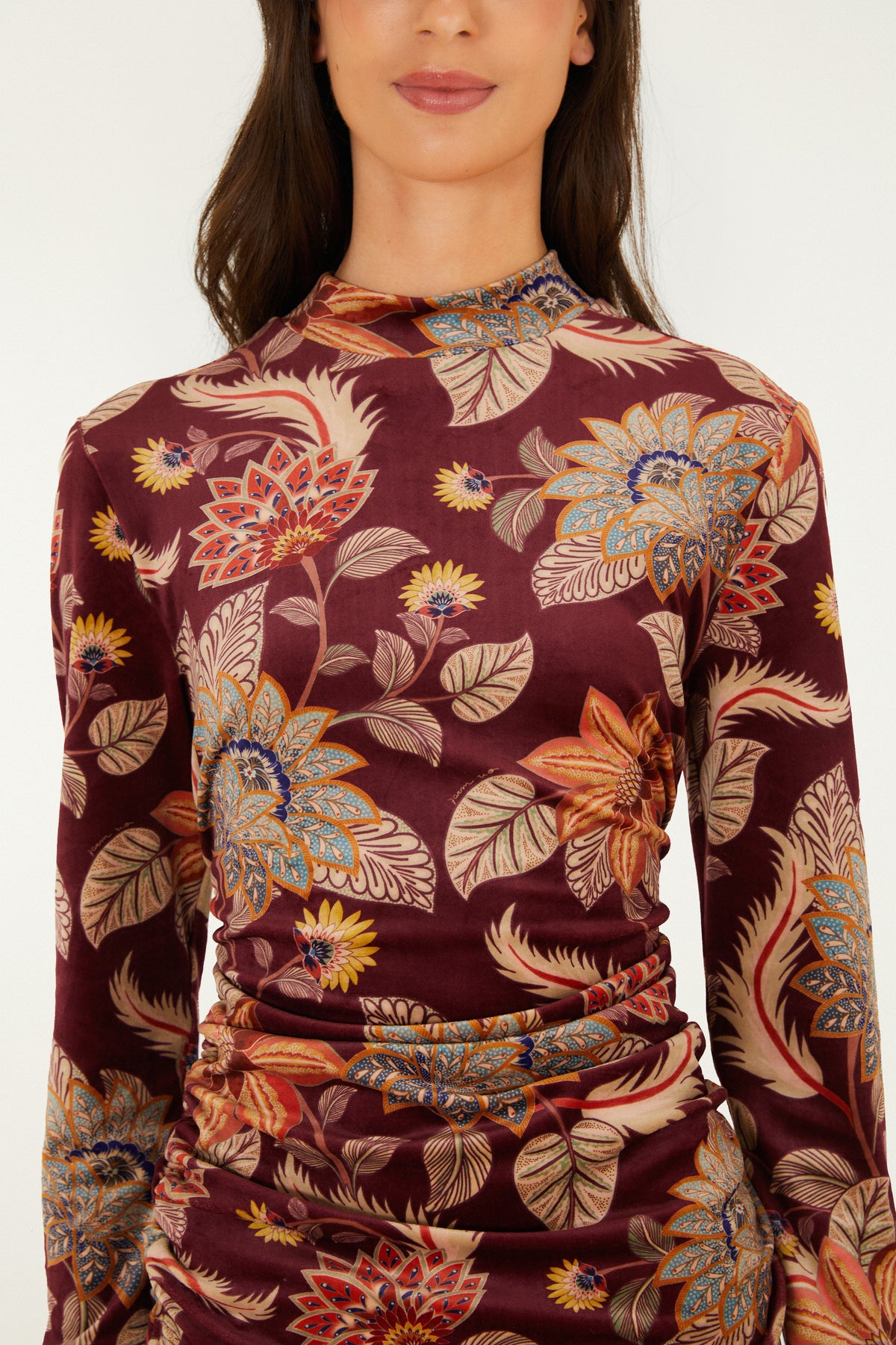 Delhi Floral Burgundy Velvet Jersey Blou