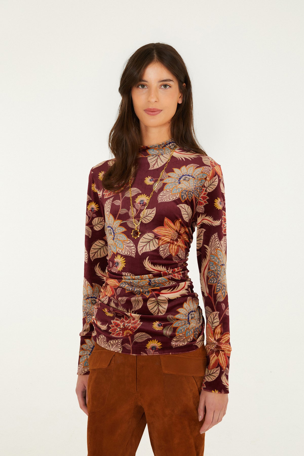 Delhi Floral Burgundy Velvet Jersey Blou
