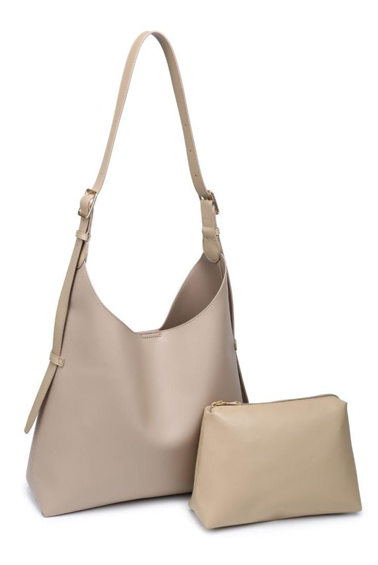 The Urban Expressions Maria Tote, a beige faux leather shoulder bag with a minimalist design and adjustable straps, is shown next to a matching beige zippered pouch against a white background.