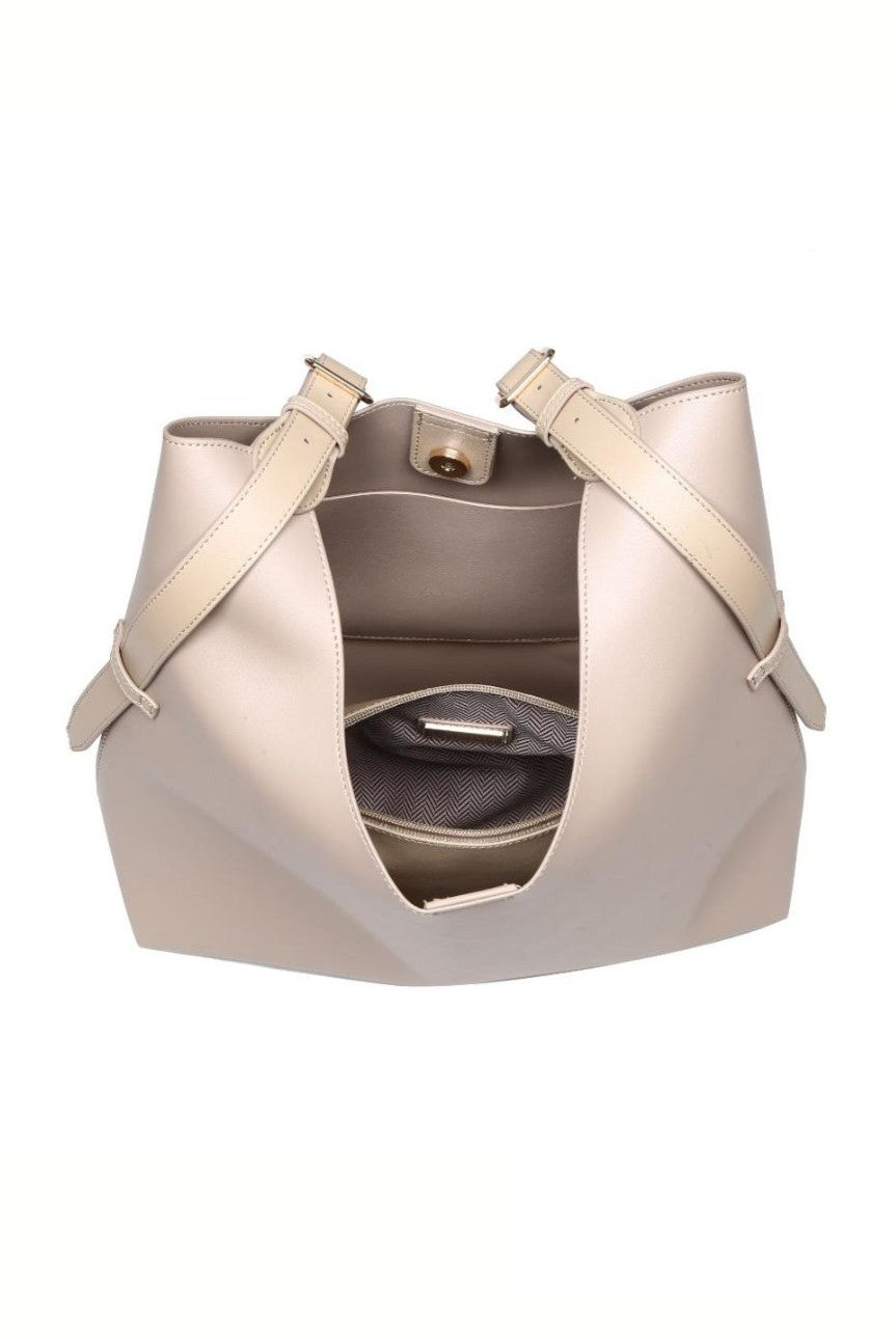 The Urban Expressions Maria Tote features beige faux leather, gold-tone hardware, a roomy interior with zip and open pockets, adjustable straps, and a minimalist, structured design.