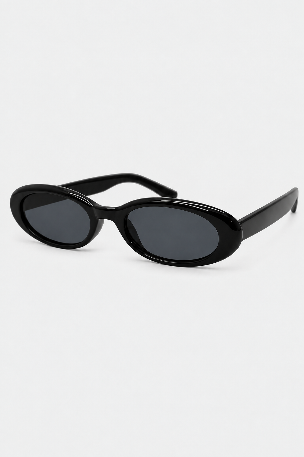 Black oval sunglasses with dark tinted lenses and thick frames.