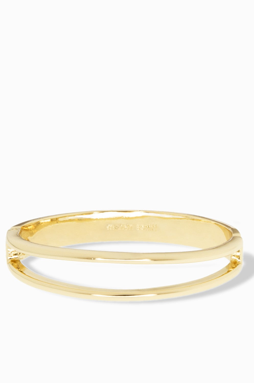 The Marlyn Schiff Double Bar Bangle is a simple, polished gold bangle with a minimalistic open double bar design, shown against a plain white background.