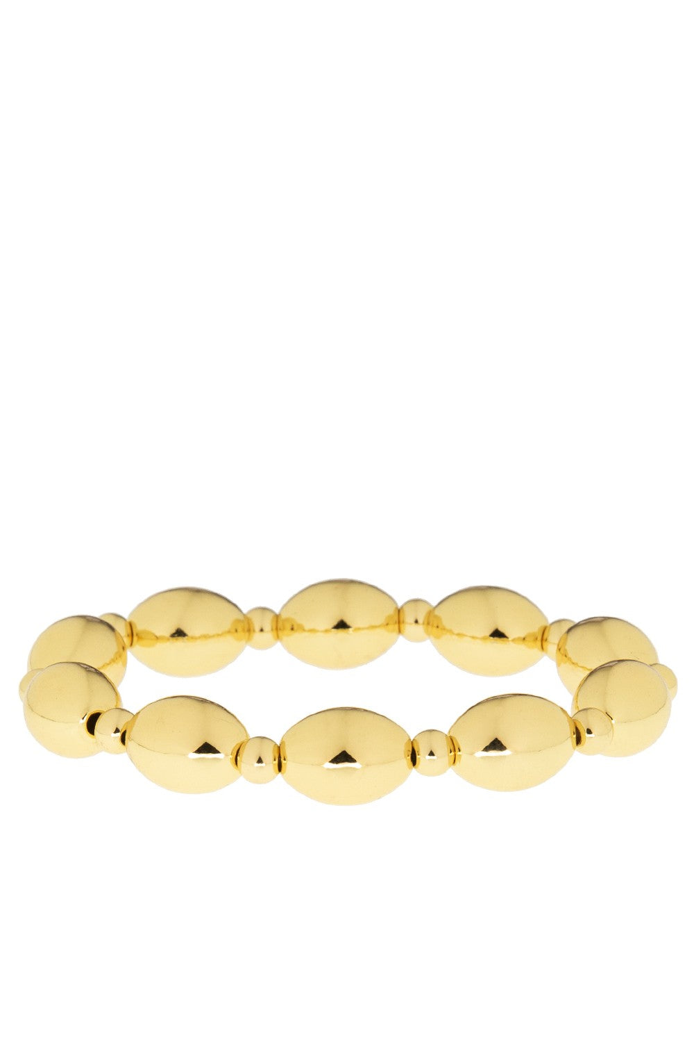 The Michele Bracelet by Marlyn Schiff is a gold, oval bead bracelet featuring a series of smooth, oval-shaped beads linked in a continuous loop, shown against a white background.
