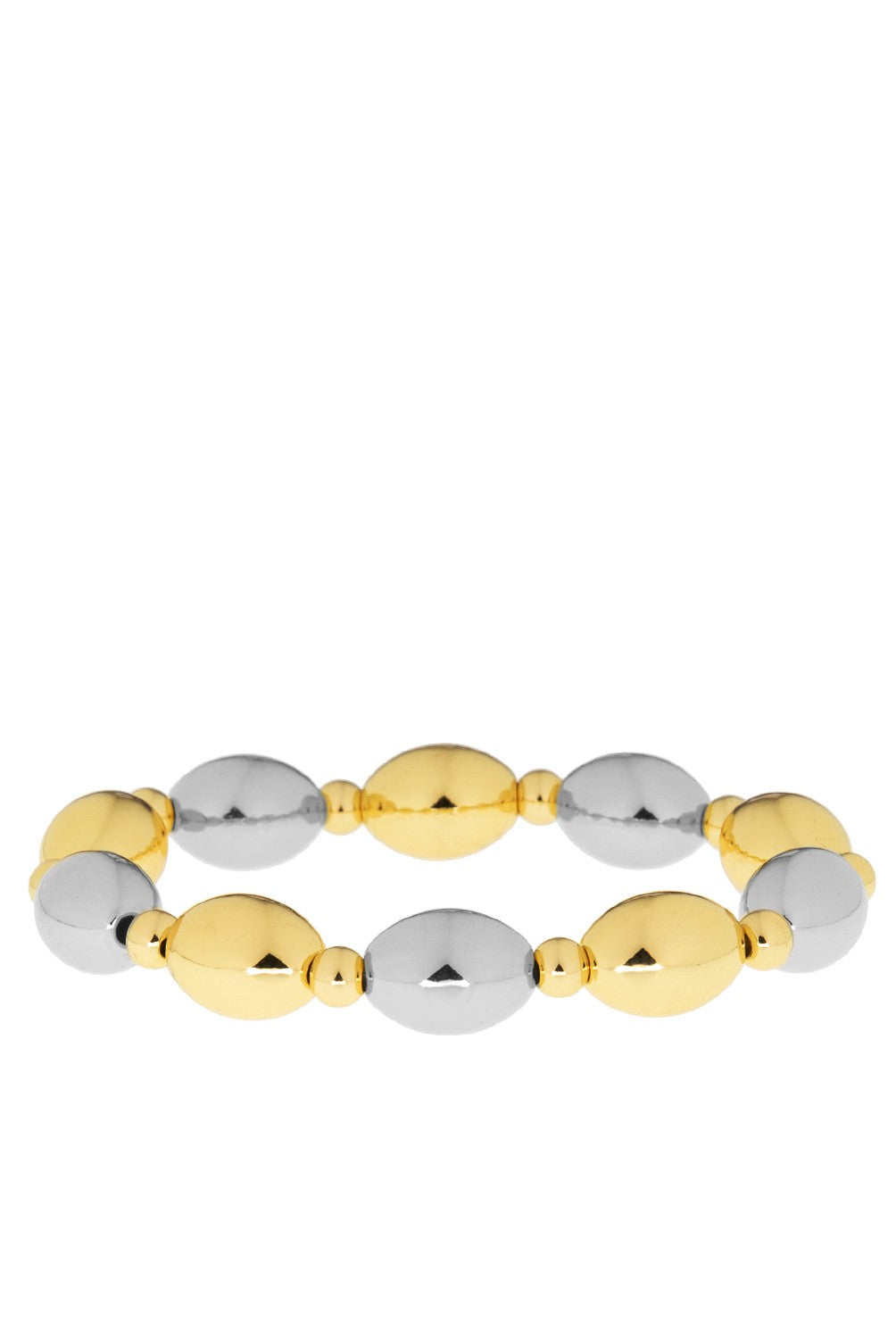 The Marlyn Schiff Michele Bracelet in Multi features alternating gold and silver oval beads in a stretch design, easily slipping on for everyday elegance.