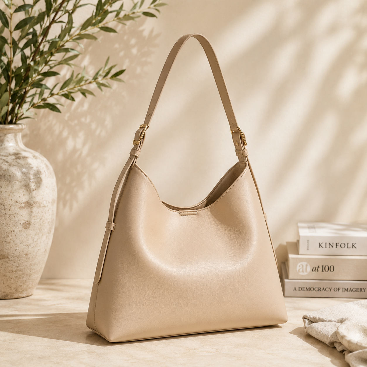 The Maria Tote by Urban Expressions in beige, featuring a single strap and minimalist design, rests on a light surface next to a ceramic vase with green leafy branches and a stack of books in soft natural light.