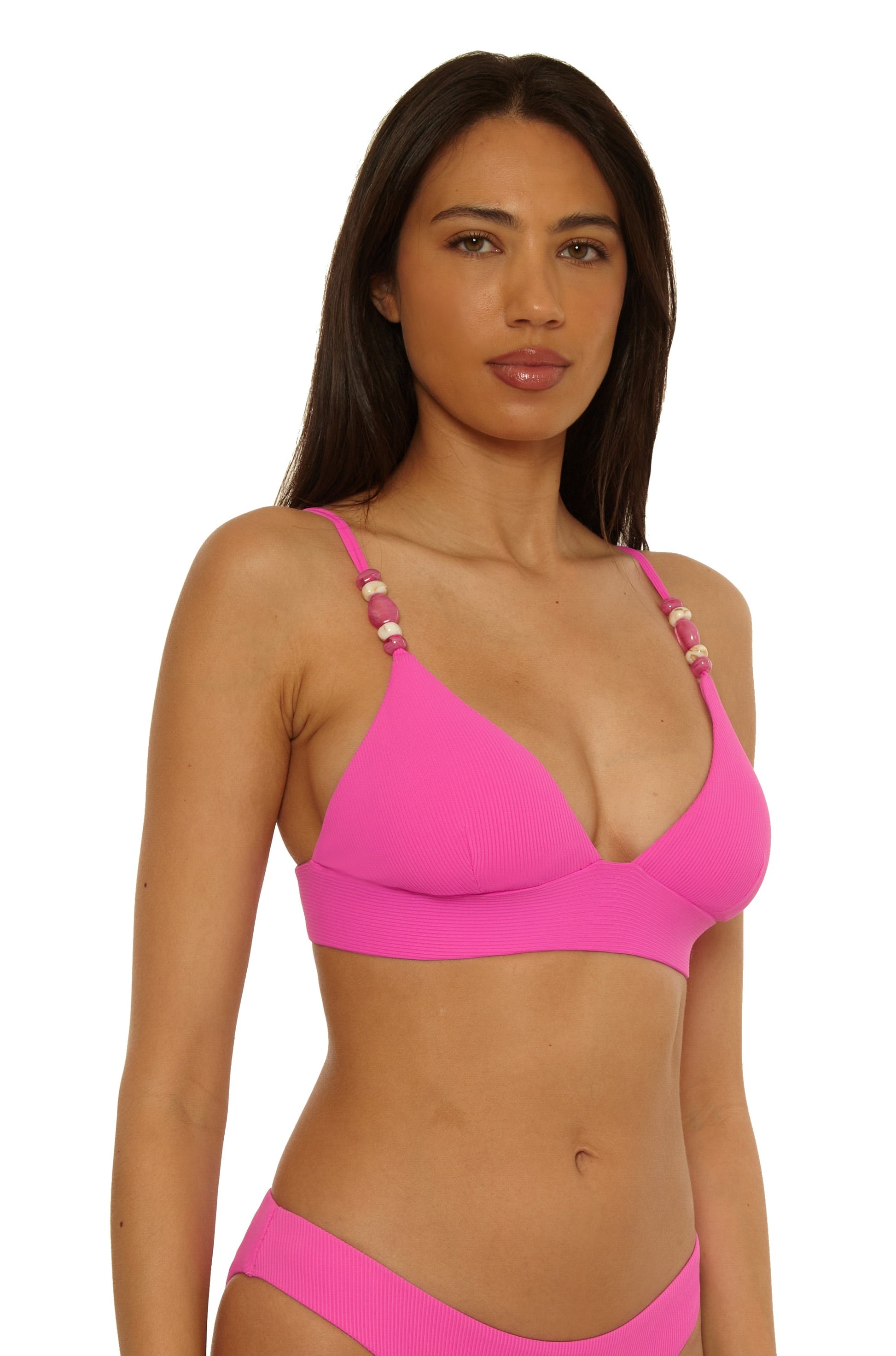 Model wearing the Becca Swim Modern Edge Halter in Rose Berry, featuring adjustable straps and beaded accents, poses against a plain white background with a neutral expression.