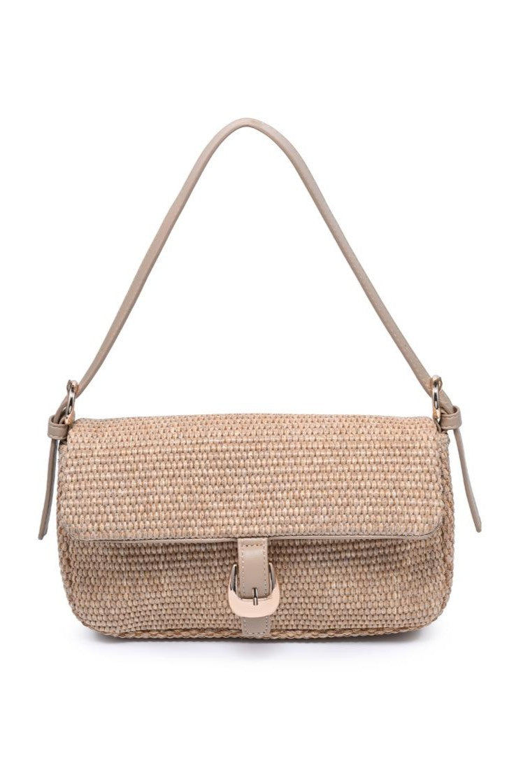 The Gloria Straw Purse by Urban Expressions features a rectangular woven design in natural color with a beige leather strap and a matching leather buckle clasp on the front.