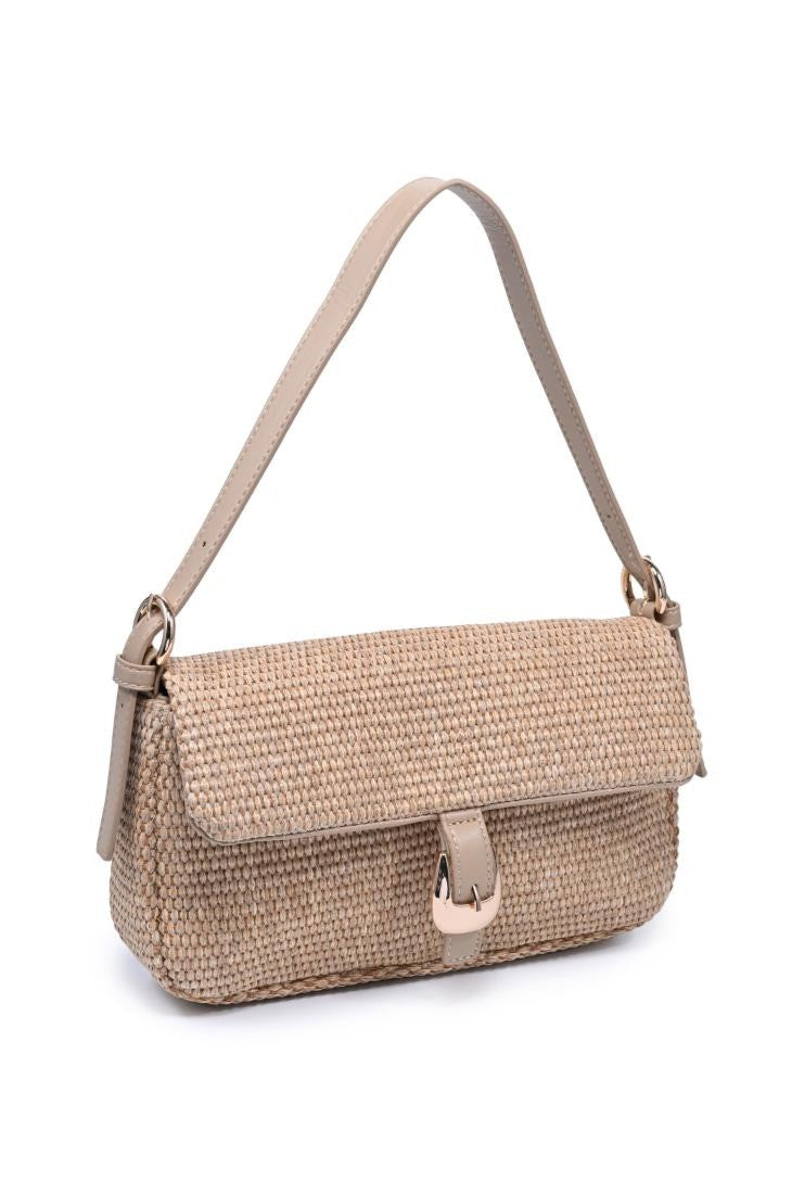The Gloria Straw Purse by Urban Expressions is a beige rectangular woven straw shoulder bag with a flap closure, metallic clasp, and a single short light tan leather strap.