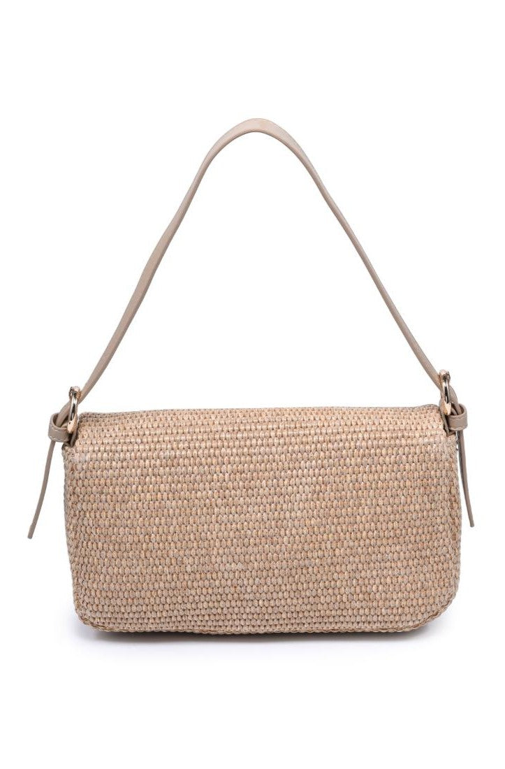 The Gloria Straw Purse by Urban Expressions is a rectangular woven bag featuring a short light beige leather strap and side knot details, displayed against a white background.