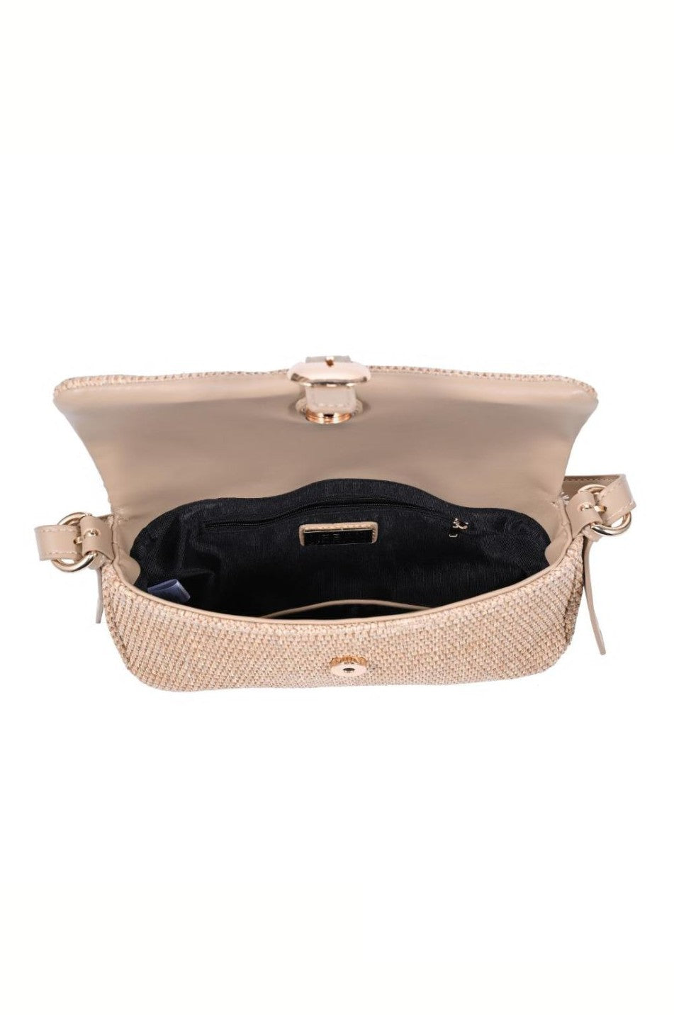 The Urban Expressions Gloria Straw Purse is a beige crossbody with gold hardware, a structured shape, black interior lining, small zippered pocket, and a gold clasp on the top flap.