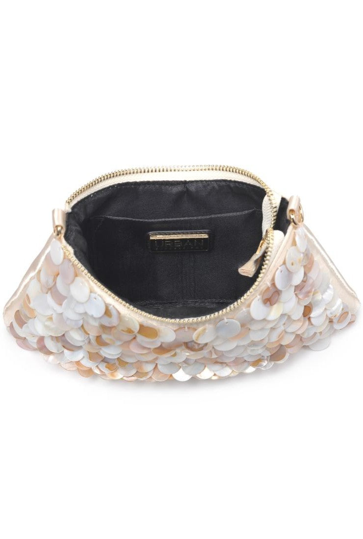 The Opalite Shell Purse by Urban Expressions is a small satin clutch adorned with iridescent sequins. It features a black fabric interior, gold zipper, and a removable gold chain for versatile styling.