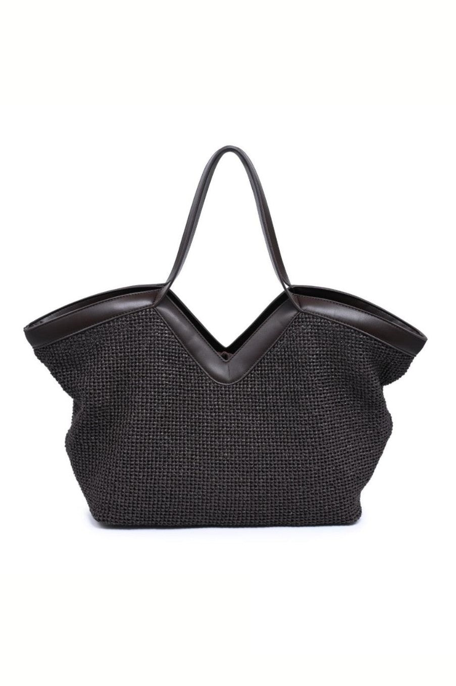 The Madelyn Tote by Urban Expressions is a large, brown woven bag with smooth leather handles, a wide V-shaped top opening, and a removable pouch inside.