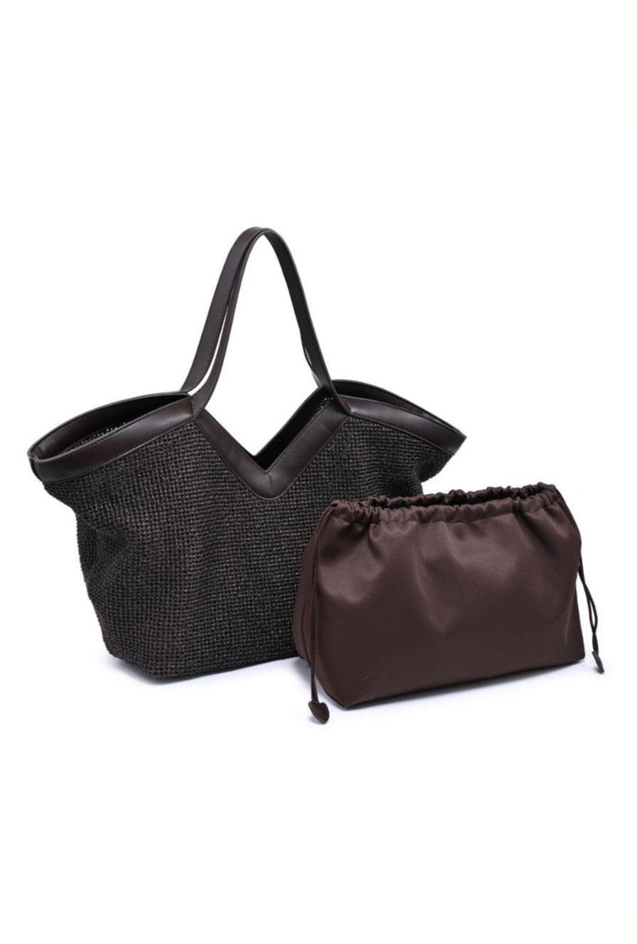 The Urban Expressions Madelyn Tote is a large black woven-texture bag with dark brown handles and trim, shown upright with its matching removable pouch, both displayed on a white background.