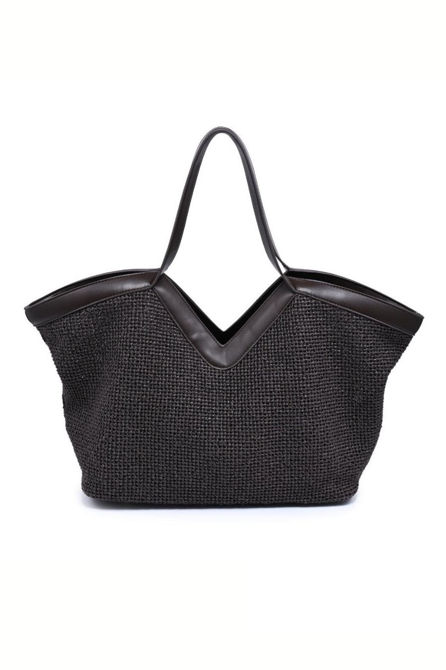 The Madelyn Tote by Urban Expressions is a large black woven bag with V-shaped leather trim, dual leather handles, and a removable pouch, shown on a white background.
