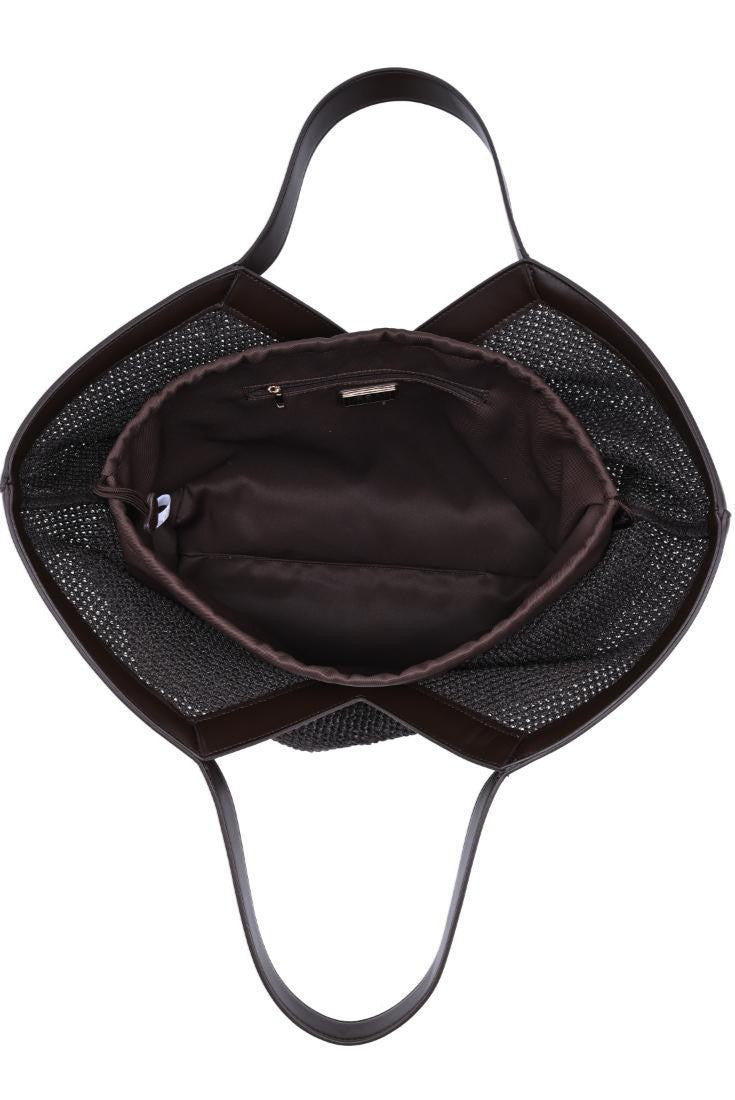 Top view of the Urban Expressions Madelyn Tote with long handles reveals a roomy, dark-lined interior, an inner zip pocket, and mesh-textured sides.