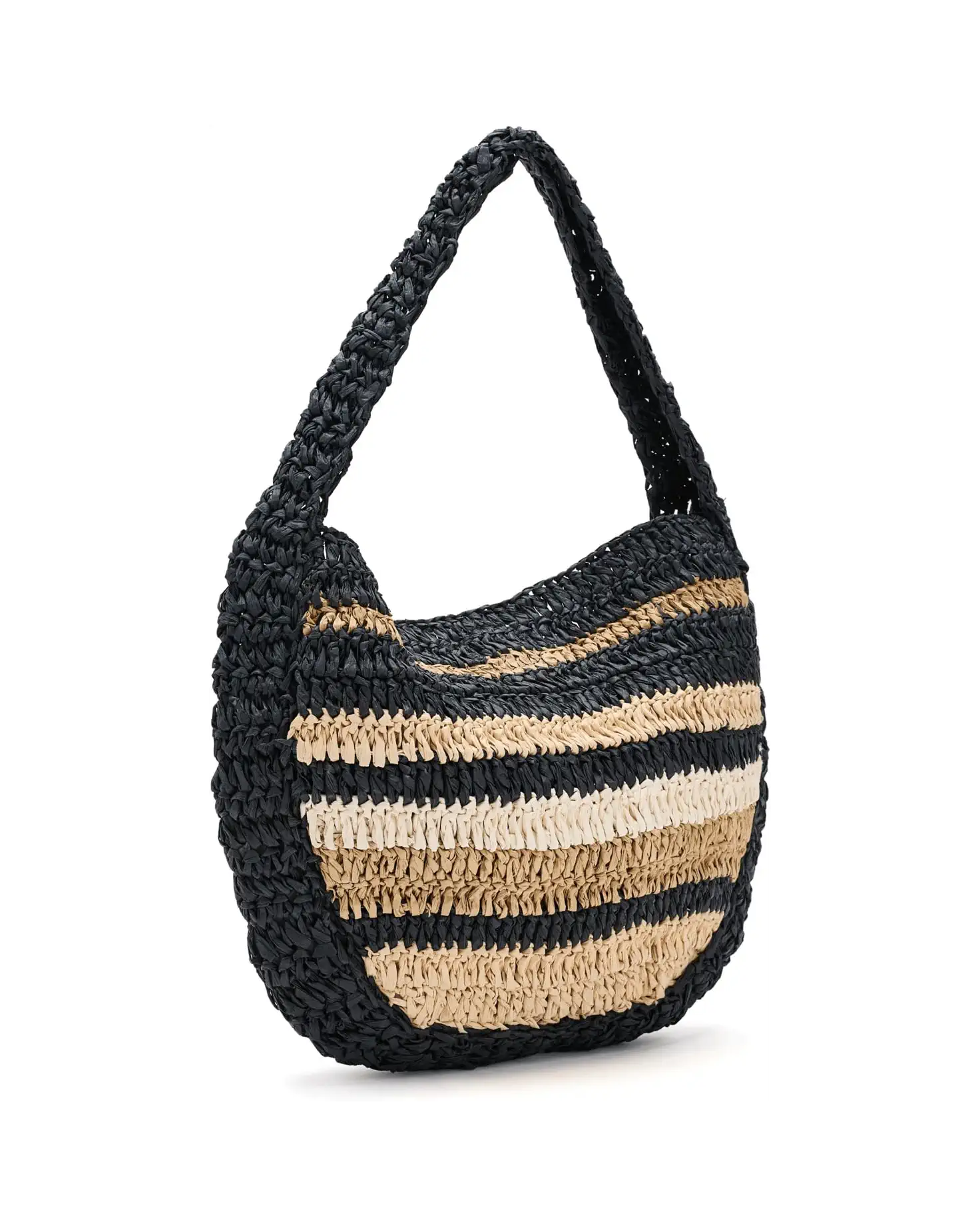The Belize Shell Clutch by Free People is a handwoven straw shoulder bag with black, beige, and tan horizontal stripes and a wide strap. Its soft, slouchy shape gives it a relaxed beach vibe.