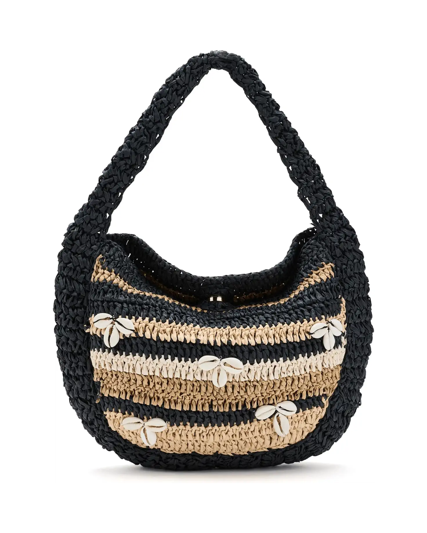 The Belize Shell Clutch by Free People is a brown multi hobo bag featuring horizontal stripes, white shell embellishments on the front, a thick textured handle, and a rounded, slouchy silhouette.