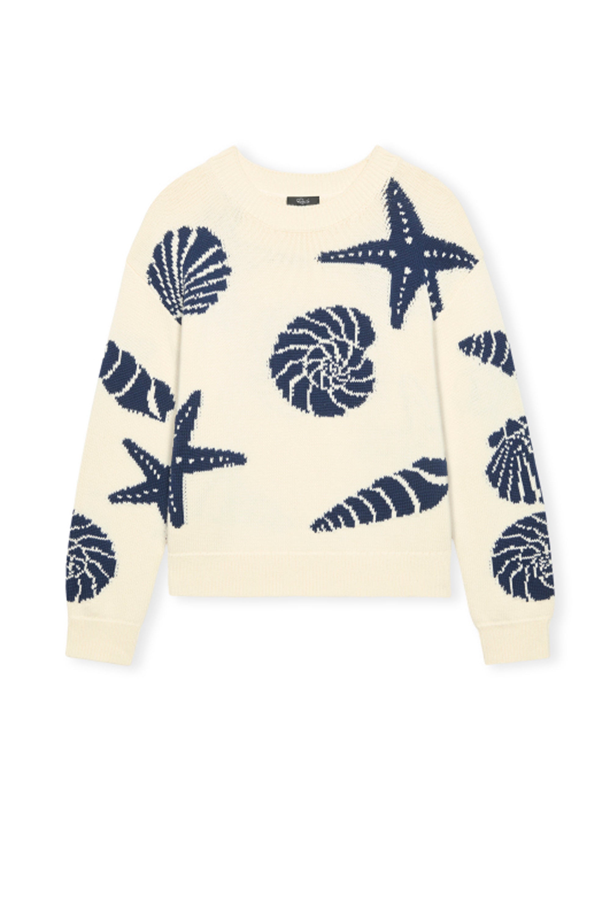 The Zoey Shell Sweater by Rails is a cream cotton knit with embroidered navy seashells and starfish across the front, sleeves, and shoulders.