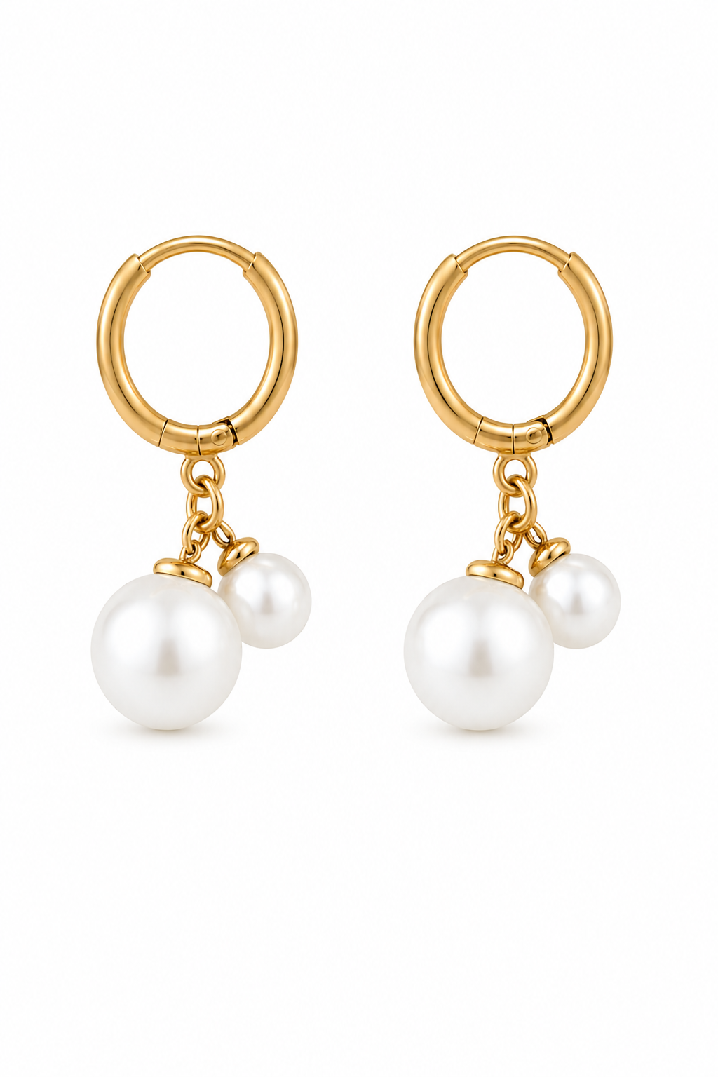 The Secret Box Water Resistant Pearl Huggie Hoop earrings feature gold huggie hoops with two sizes of dangling white pearls, creating an elegant look against a plain white background.