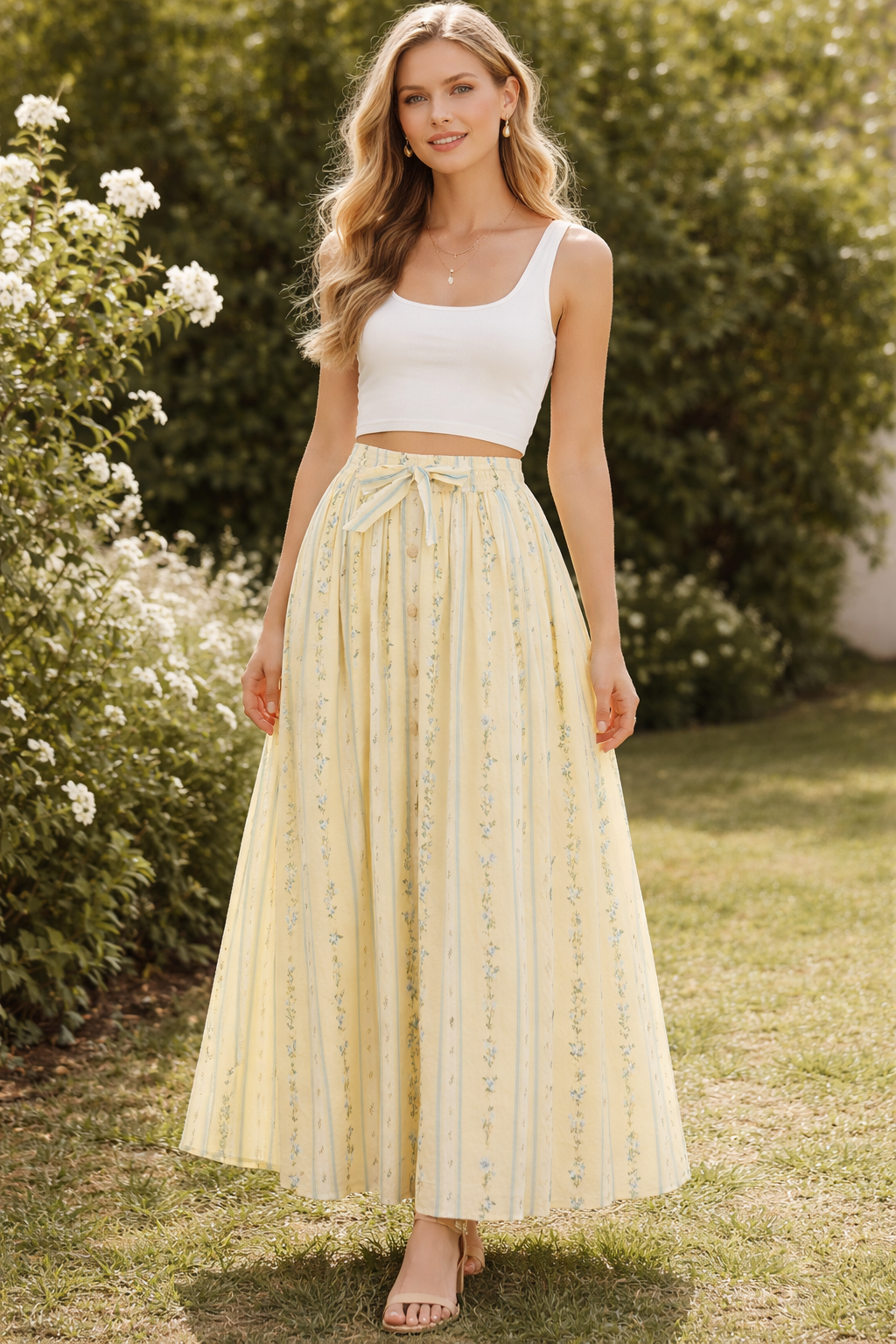A woman with long, wavy blonde hair smiles outdoors in greenery and white flowers, wearing a sleeveless white crop top and the Via Nicola Skirt by Bila 77—a long yellow floral tie-front skirt with a bow at the waist.