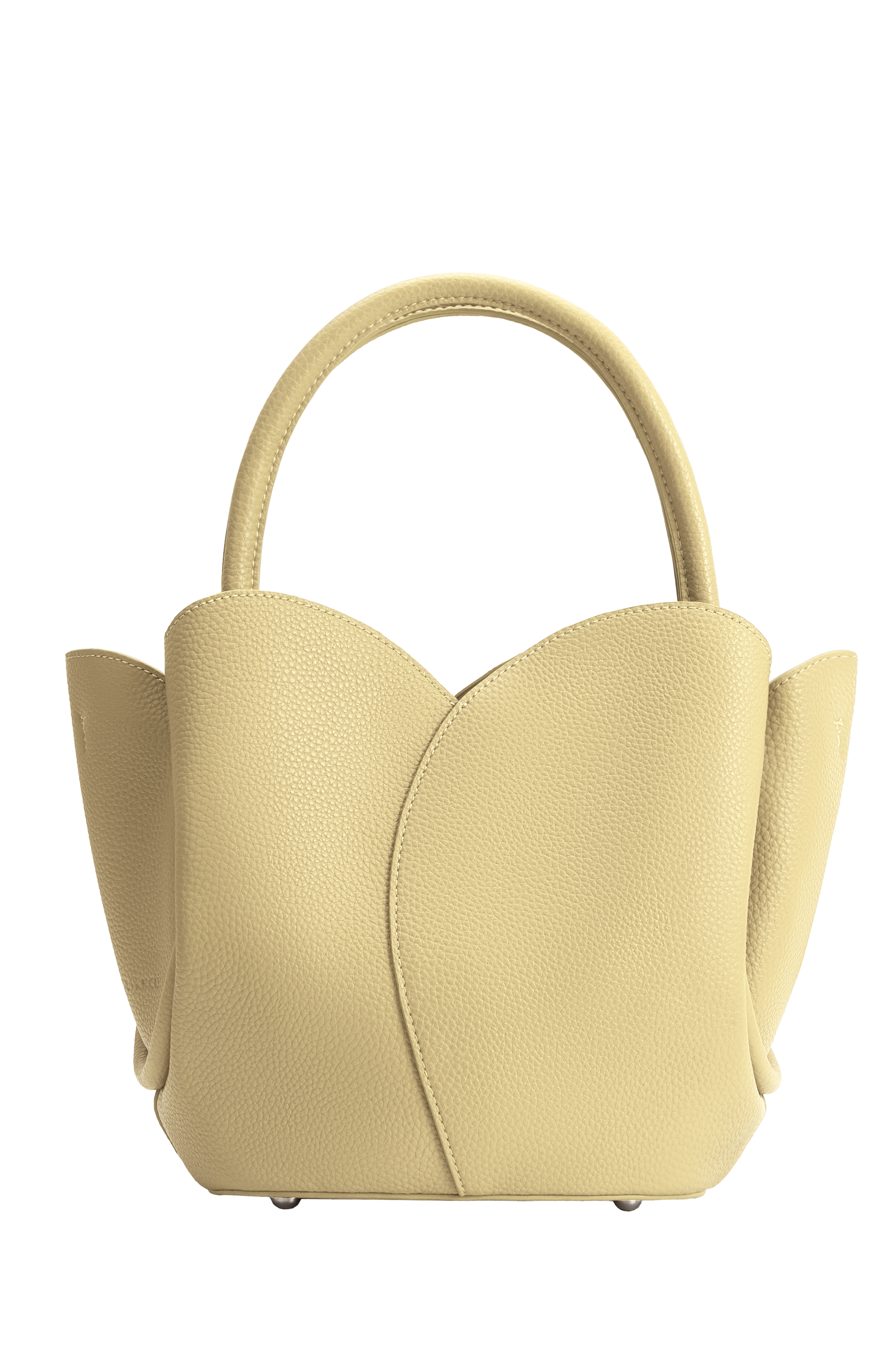 The Melie Bianco Tulip Purse is a yellow, textured handbag crafted from recycled vegan leather, featuring petal-like edges, a rounded handle, and a removable zip pouch, shown against a plain white background.