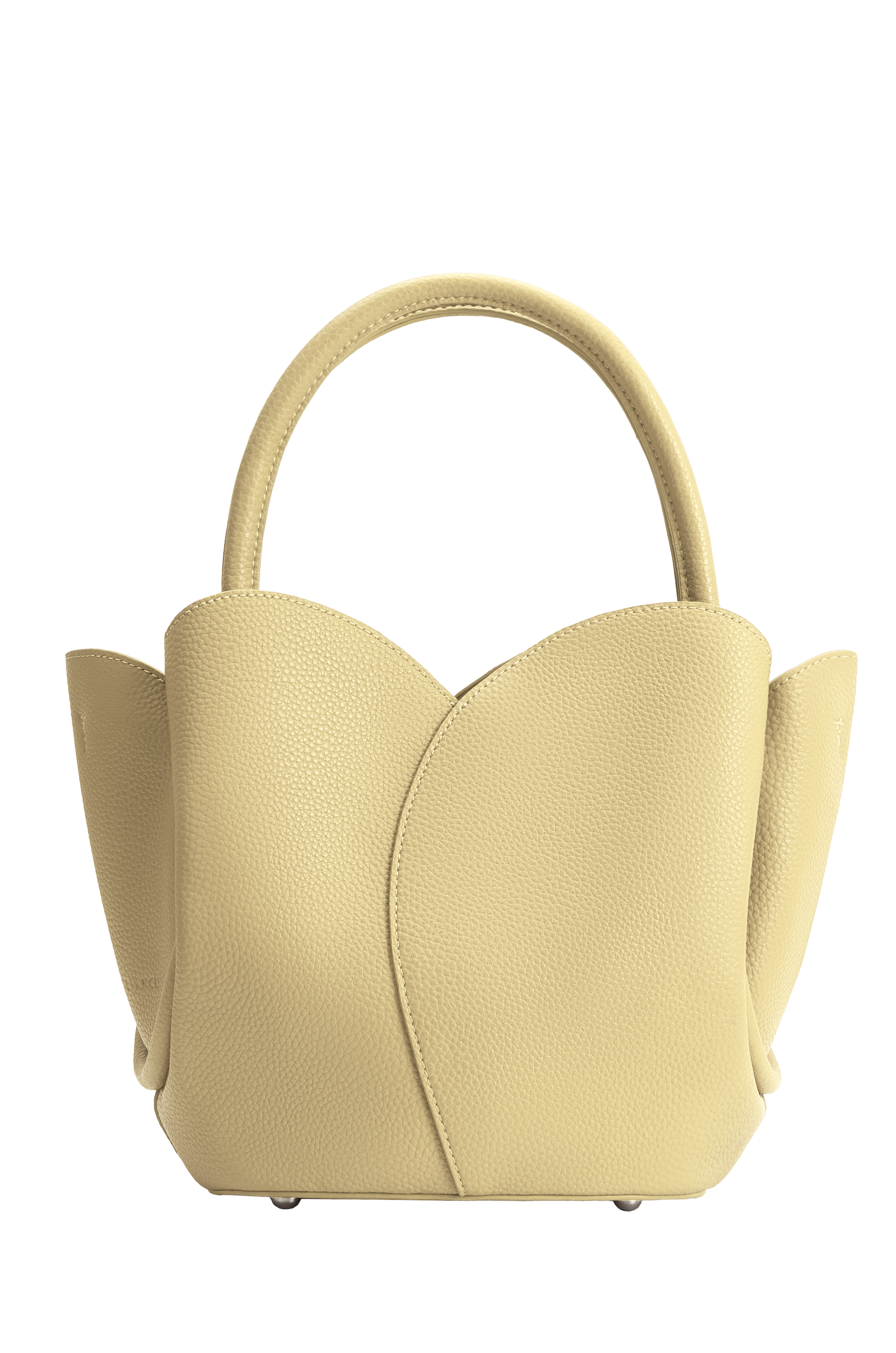 The Melie Bianco Tulip Purse is a yellow, textured handbag crafted from recycled vegan leather, featuring petal-like edges, a rounded handle, and a removable zip pouch, shown against a plain white background.