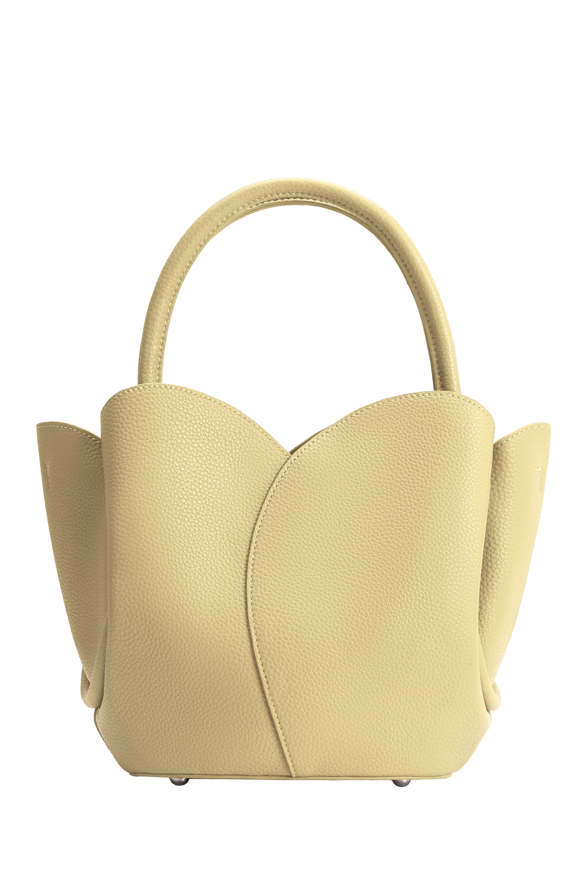 The Tulip Purse by Melie Bianco is a stylish, pale yellow handbag made from recycled vegan leather with a textured finish, curved overlapping top panels, and two rounded handles, displayed on a plain white background.