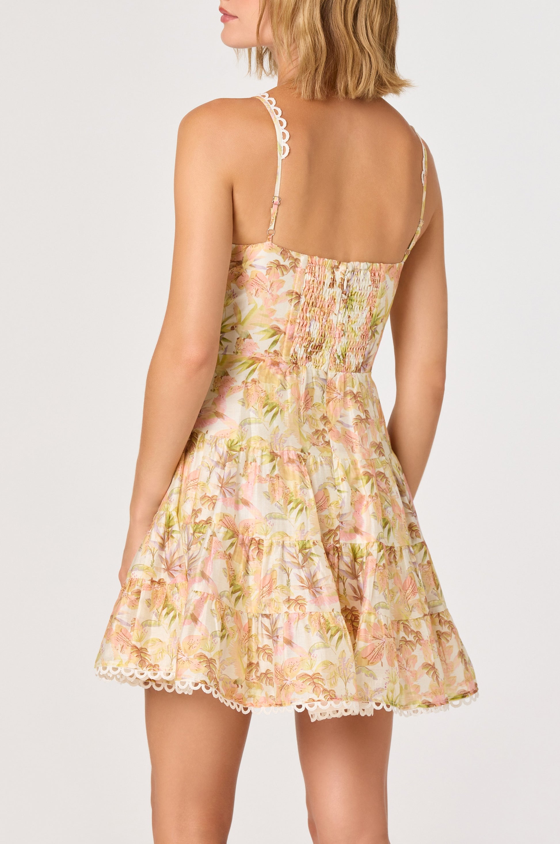 ASTR the Label | Tazia Scalloped Trim Tiered Mini Dress in Yellow Pink Floral