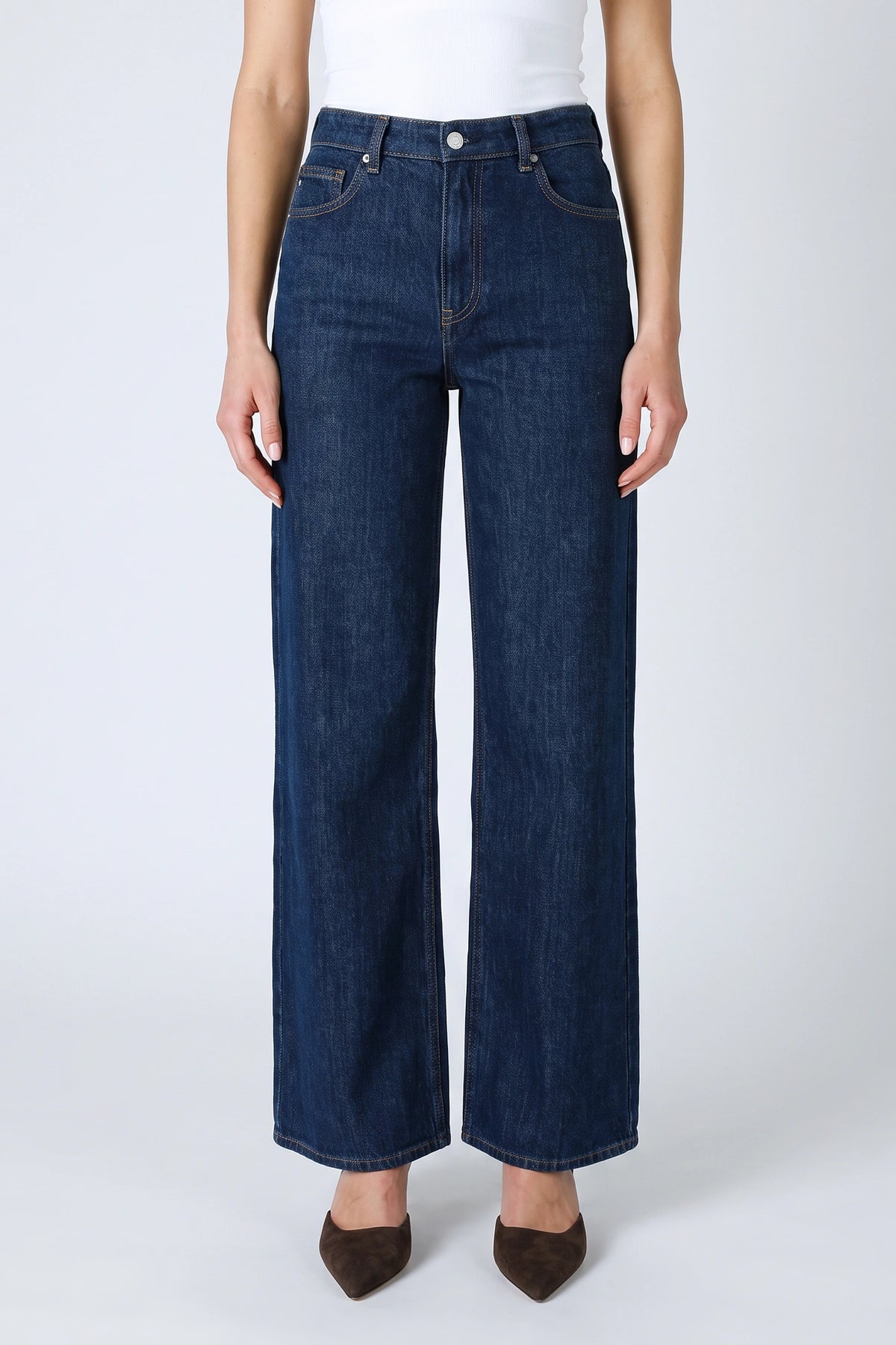 Dark blue wide-leg denim jeans with mid-rise waistband and straight legs.