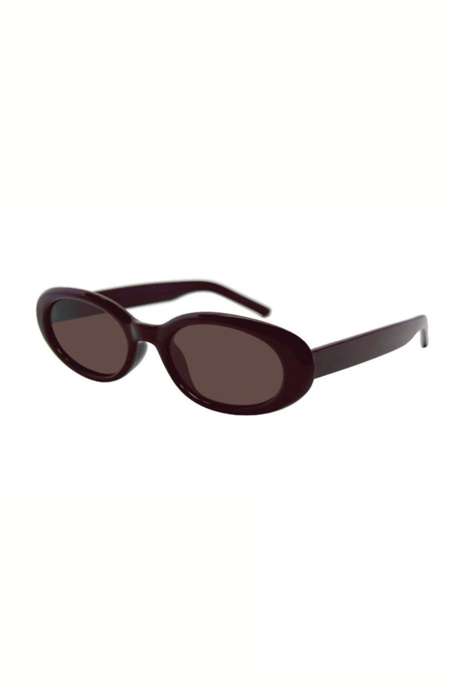The Amelia Sunnies by South Moon Under are oval-shaped sunglasses with thick burgundy frames and monotone lenses that offer UV protection, shown against a plain white background.