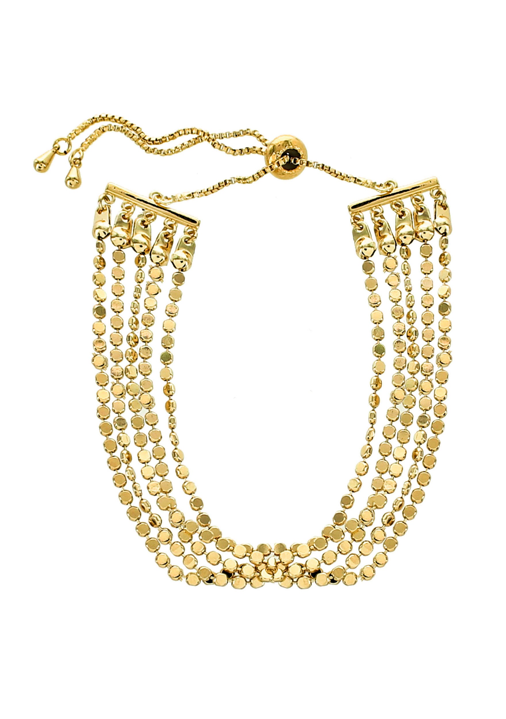 The South Moon Under Layered Gold Flat Bead Bracelet features five rows of small round beads and a sliding adjustable clasp with dangling bead-tipped chains for a stunning, layered look.