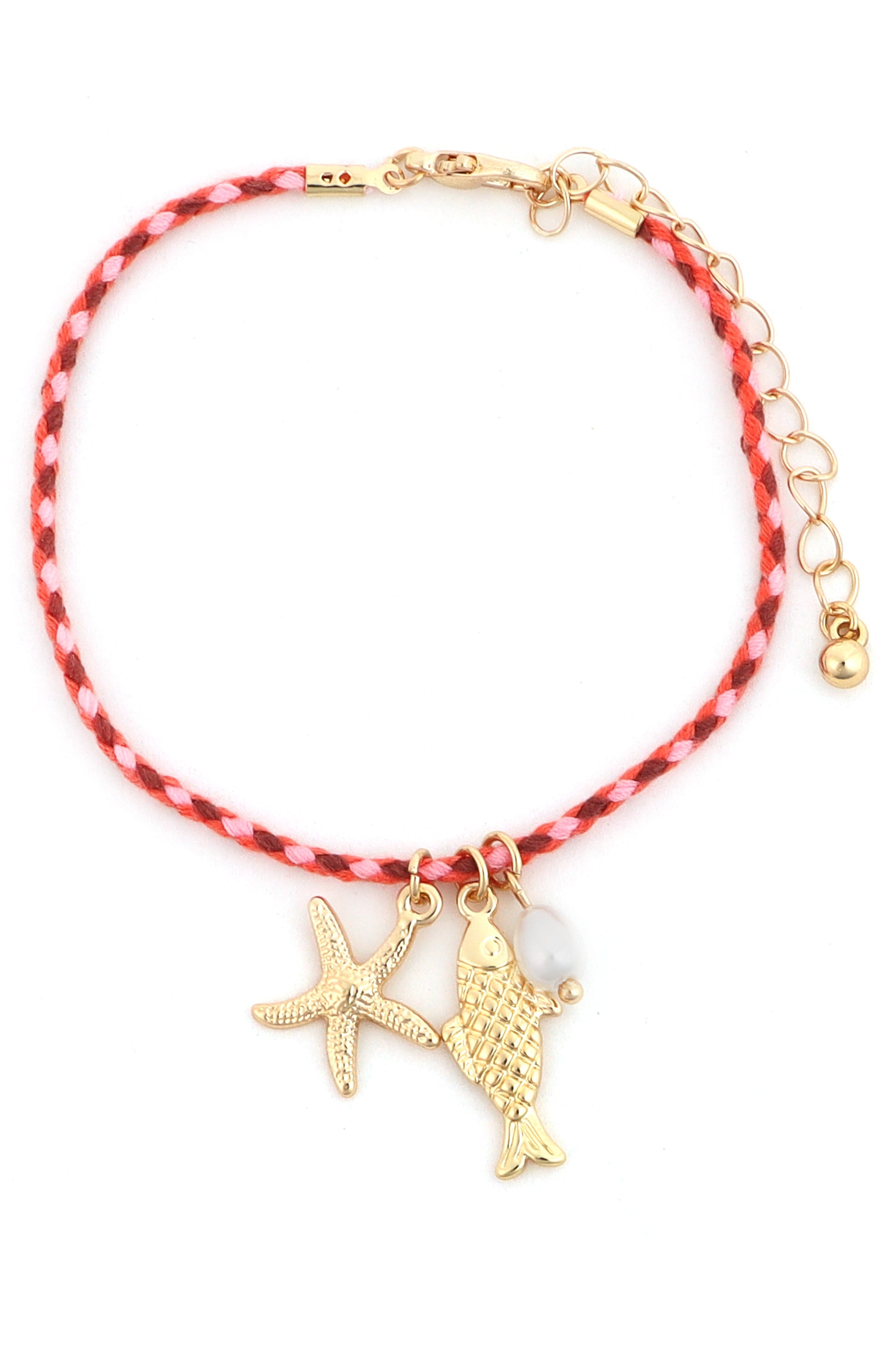The 6.5 In Brac Sea Life- Mix Ivory Gold Mp by South Moon Under is a braided red and white cotton thread bracelet featuring gold-plated sea life charms, a small white bead, and a gold adjustable clasp.