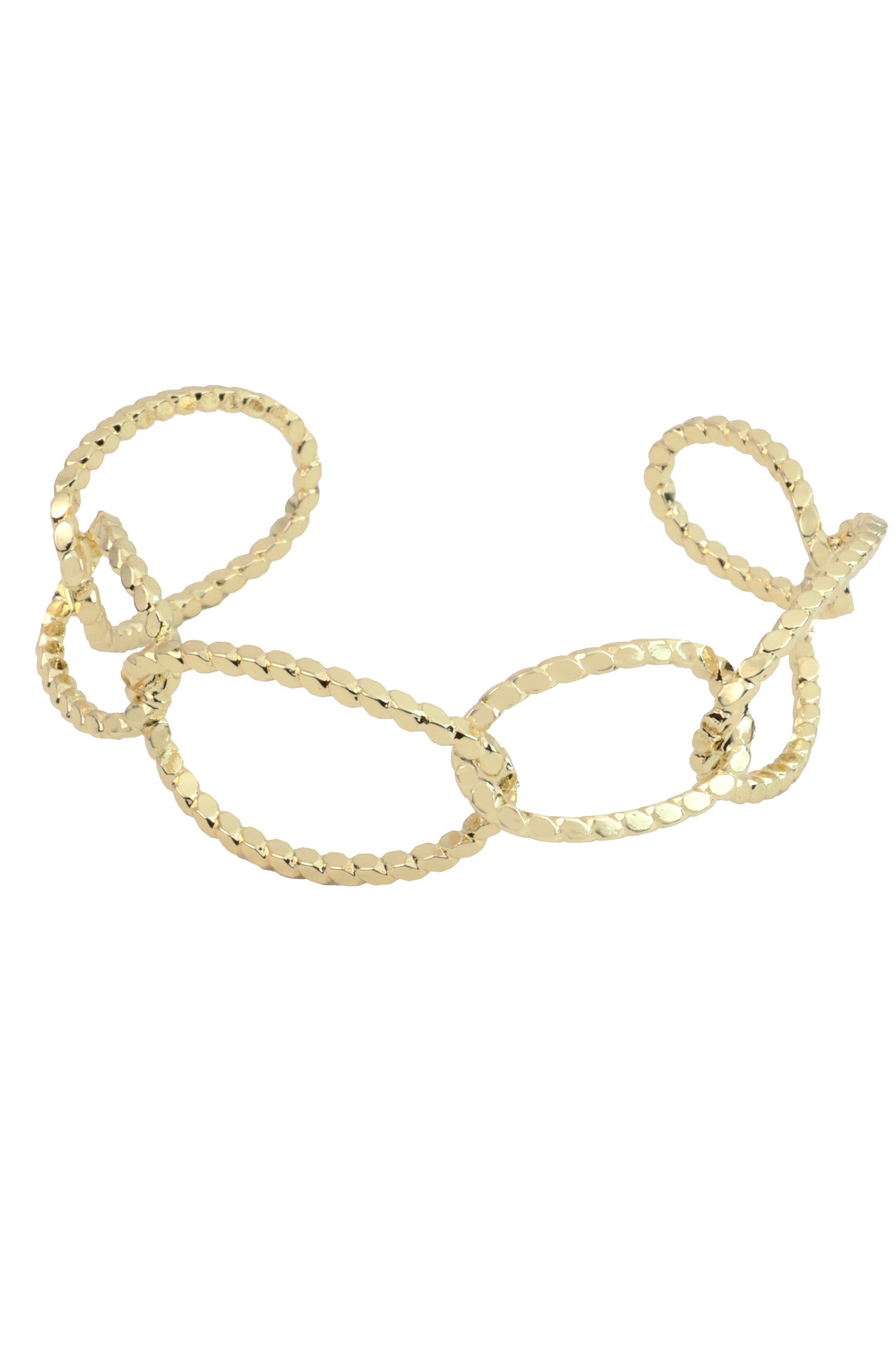 The South Moon Under Gold Pressed Dot Link Cuff is a gold, adjustable open cuff bracelet with large textured interlocking links and a hammered finish, offering timeless elegance. Shown against a white background.