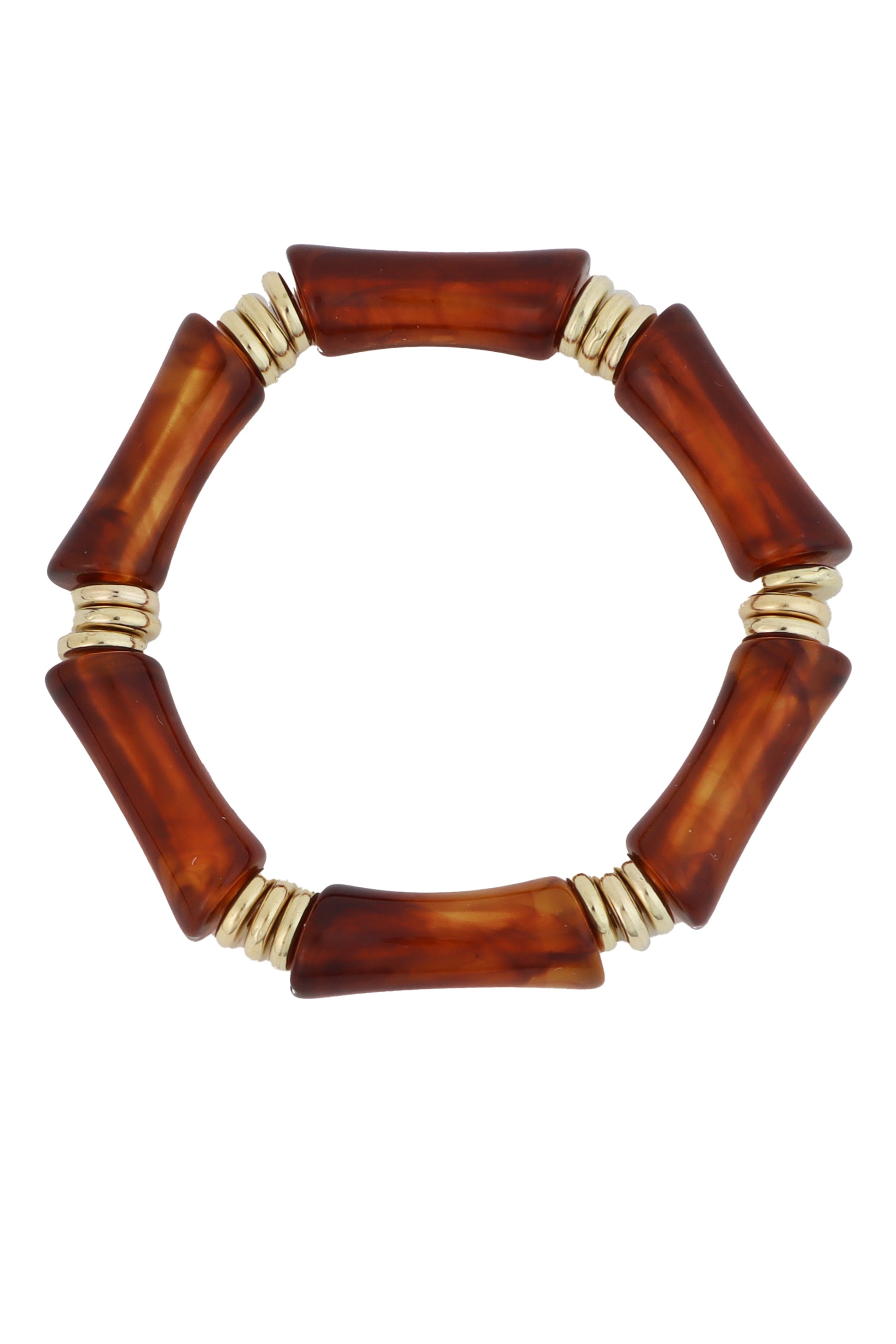 The South Moon Under Resin Stretch Single Bracelet in tortoise features six large cylindrical beads separated by trios of small gold spacers, all arranged circularly for a bold bamboo-inspired look.