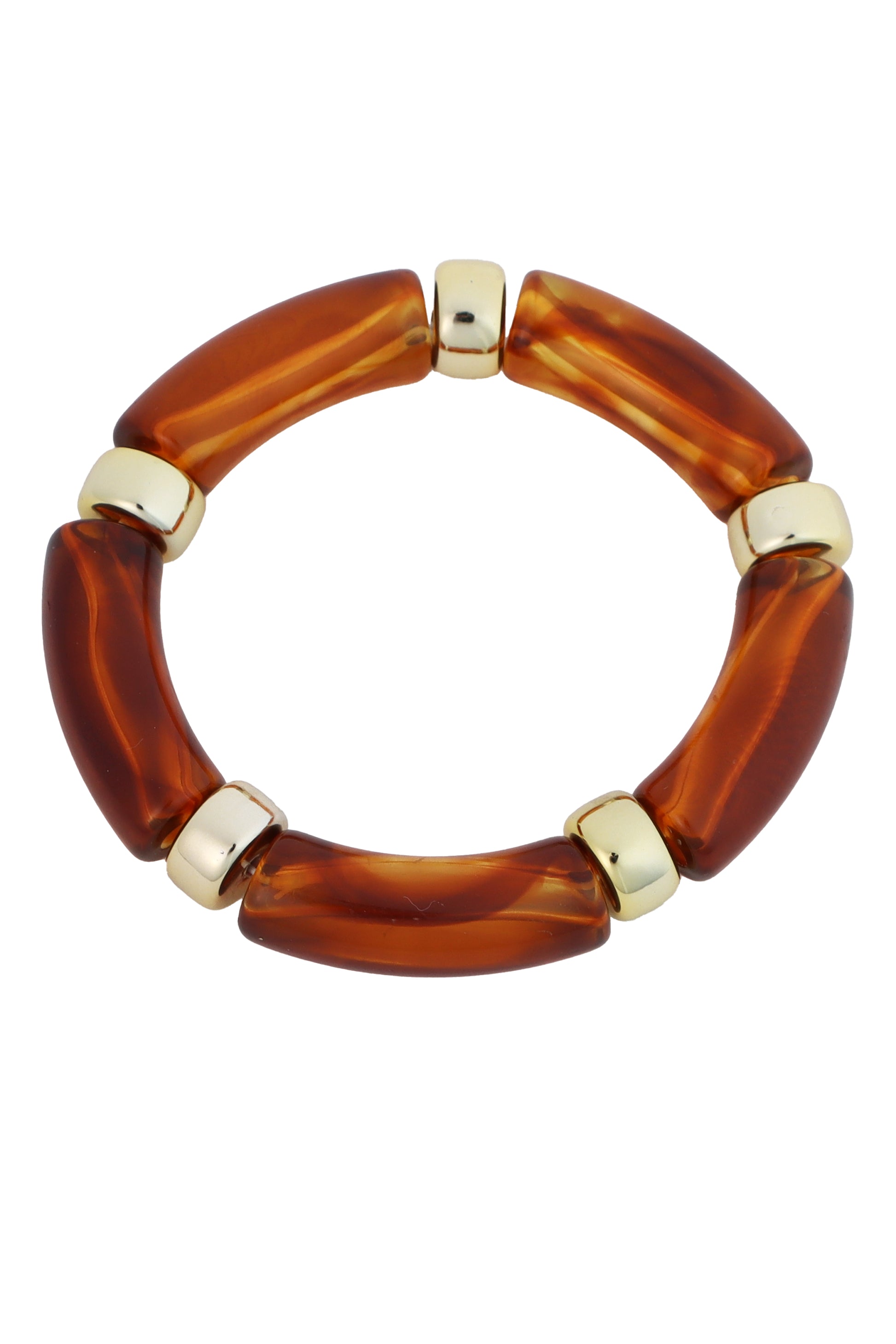 The South Moon Under Resin Stretch Round Single Bracelet features tortoise-colored resin segments and gold spacers arranged in a circular stretch design for comfort.