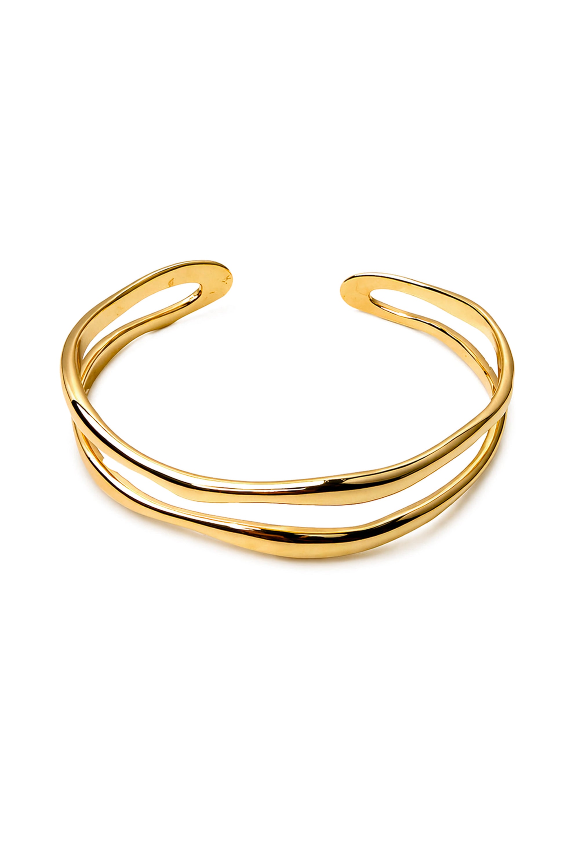 The South Moon Under Gold Organic Double Cuff Bracelet features two parallel wavy gold bands with an open back, displayed on a white background for an elegant, modern look.