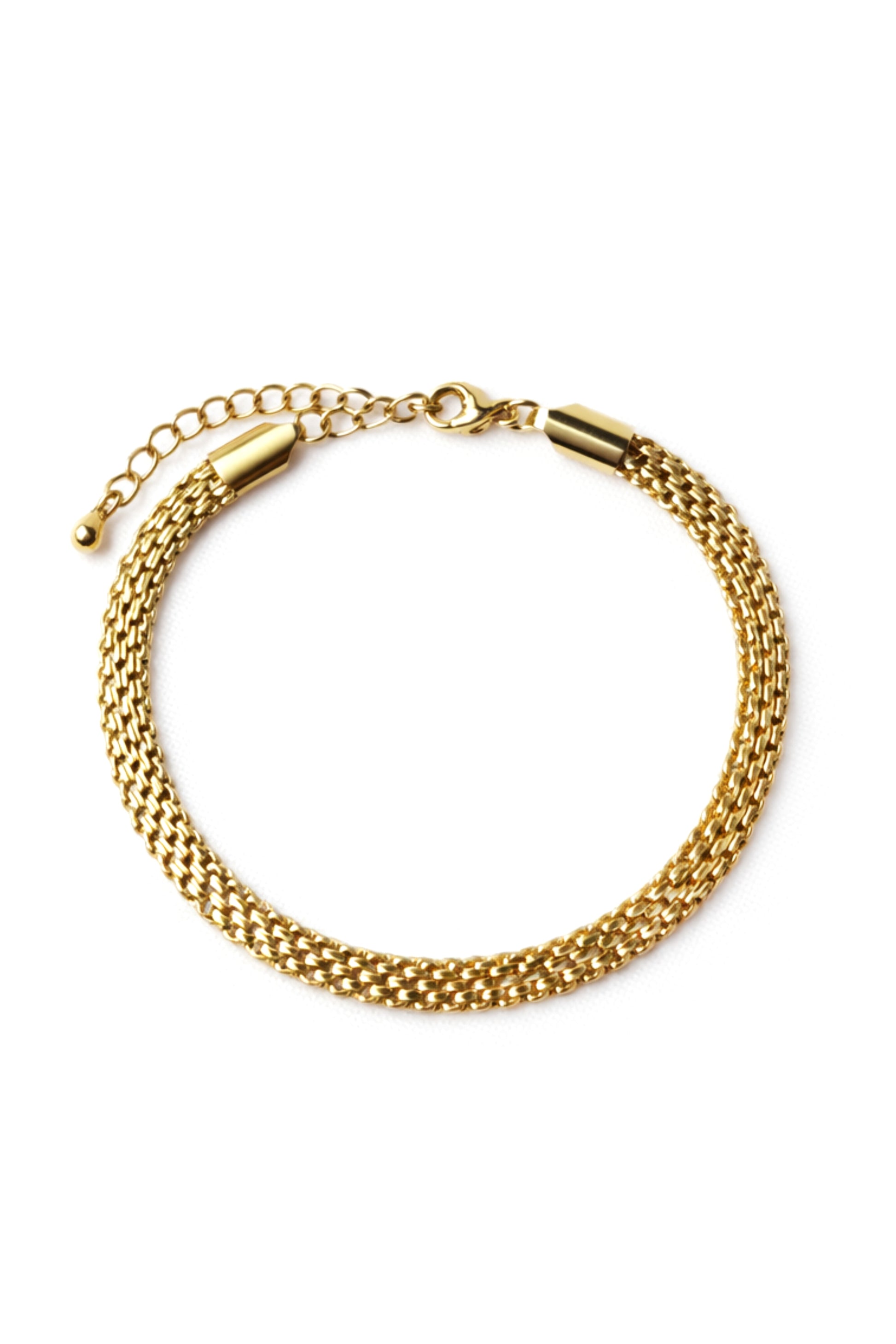 The South Moon Under Gold Mini Watch Link Bracelet features a gold tone, woven design, link style, lobster clasp, and adjustable extension chain, shown on a white background.