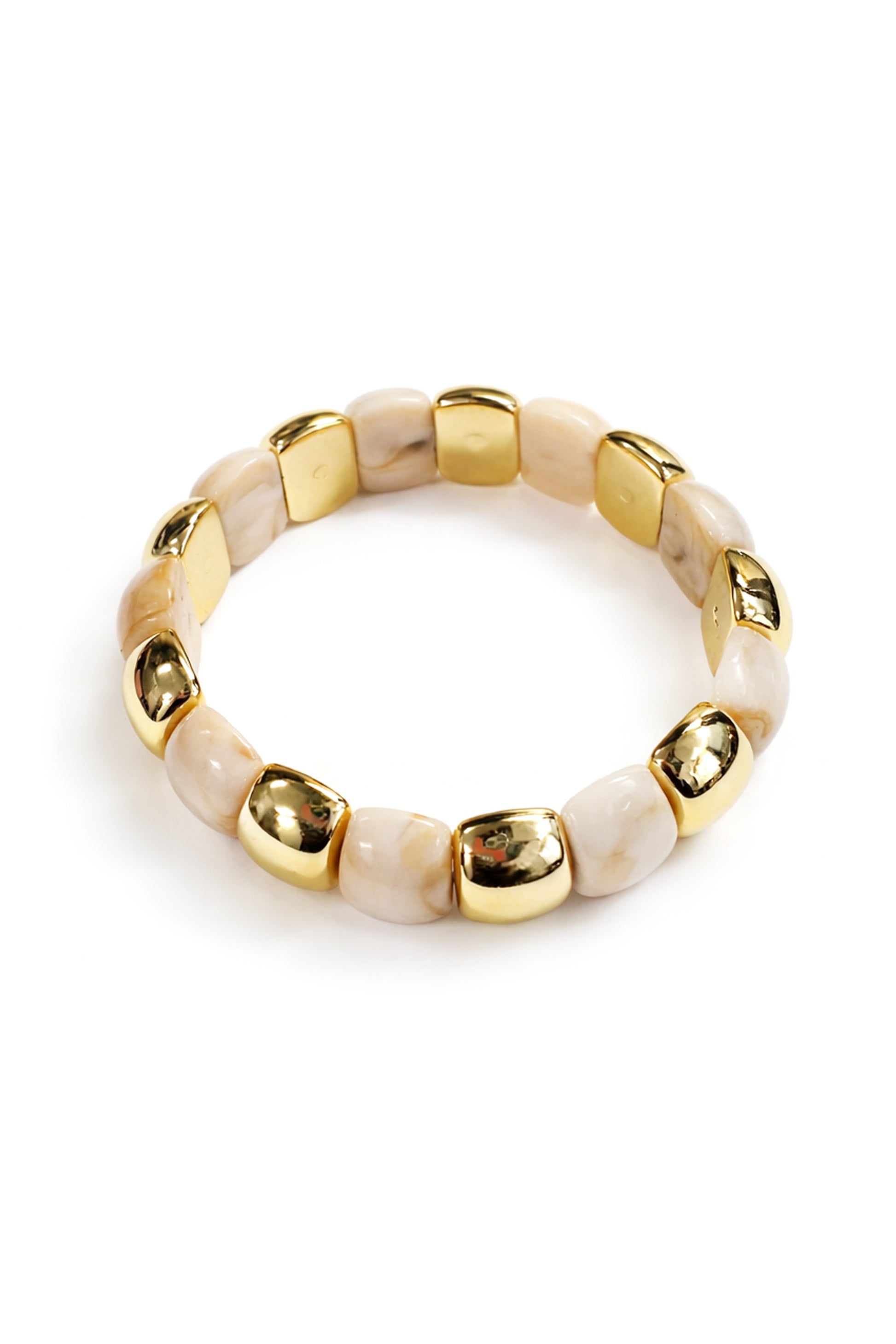 The Ivory Stretch Single by South Moon Under is a chic ivory bracelet with marbled beige resin beads and shiny gold spacers, arranged in a stylish circular pattern.