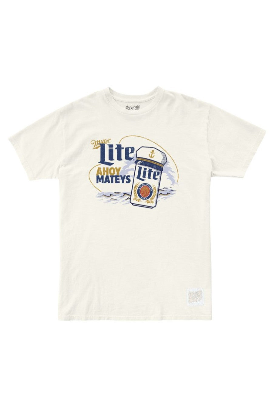 The Miller Lite Ahoy Mateys tee by Original Retro Brand is a white trim-fit shirt featuring a Miller Lite can and anchor graphic with blue and yellow "Miller Lite" and "Ahoy Mateys" text, plus a tagless collar for comfort.