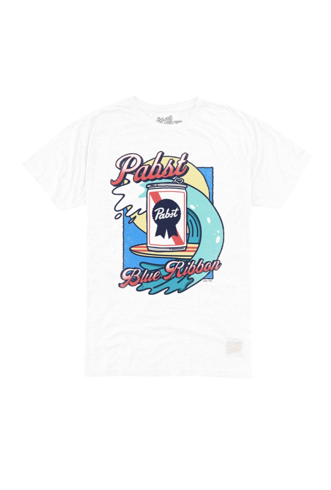 The Pabst Blue Ribbon Wave by Original Retro Brand is a STREAKY WHITE Tri-Blend tee with a can riding a blue wave and “Pabst Blue Ribbon” in red cursive, featuring trim fit and tagless collar for comfort.