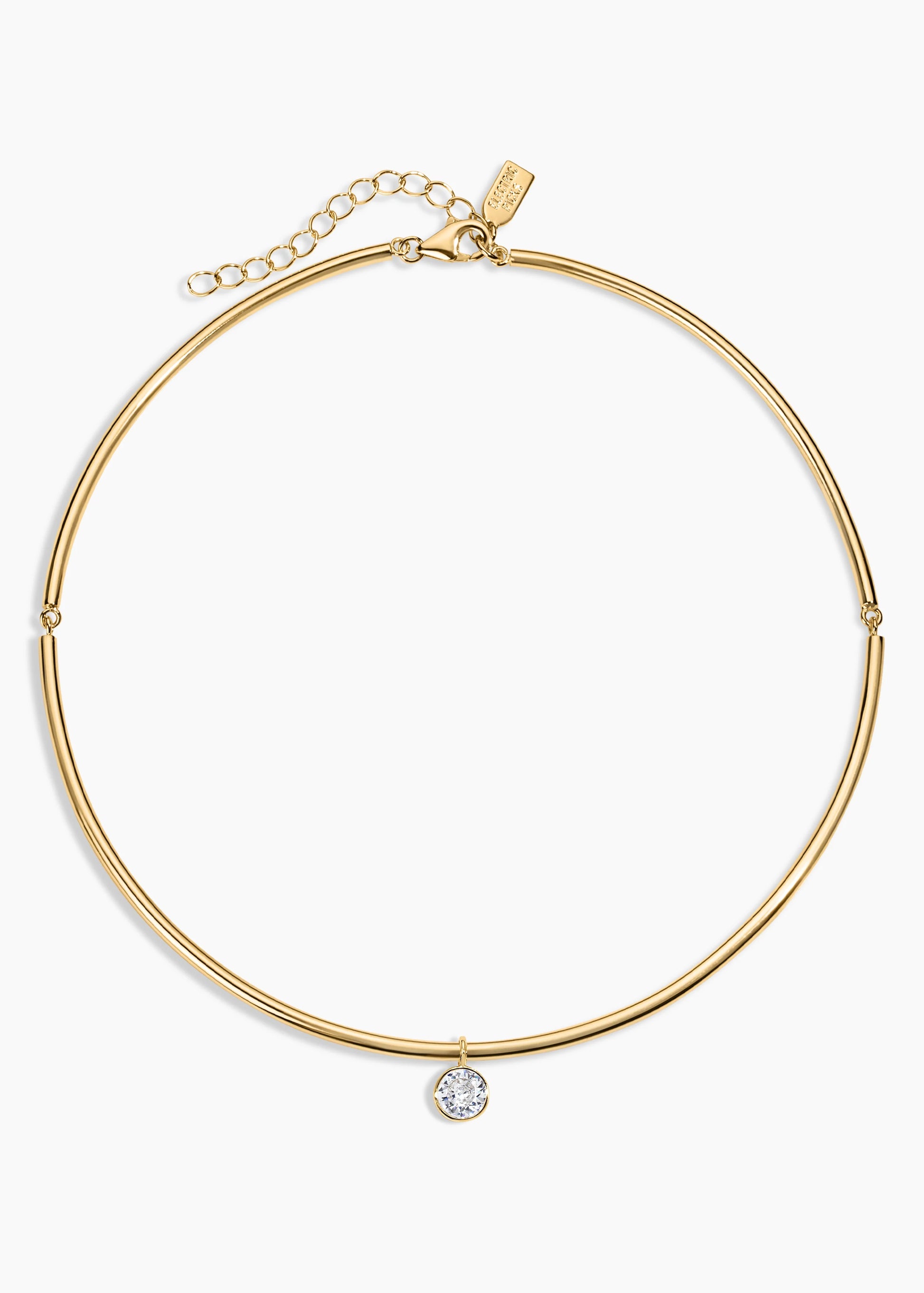 The Belle Necklace by Electric Picks is a delicate gold choker featuring a single round crystal pendant, 3mm thick, with an adjustable chain clasp.