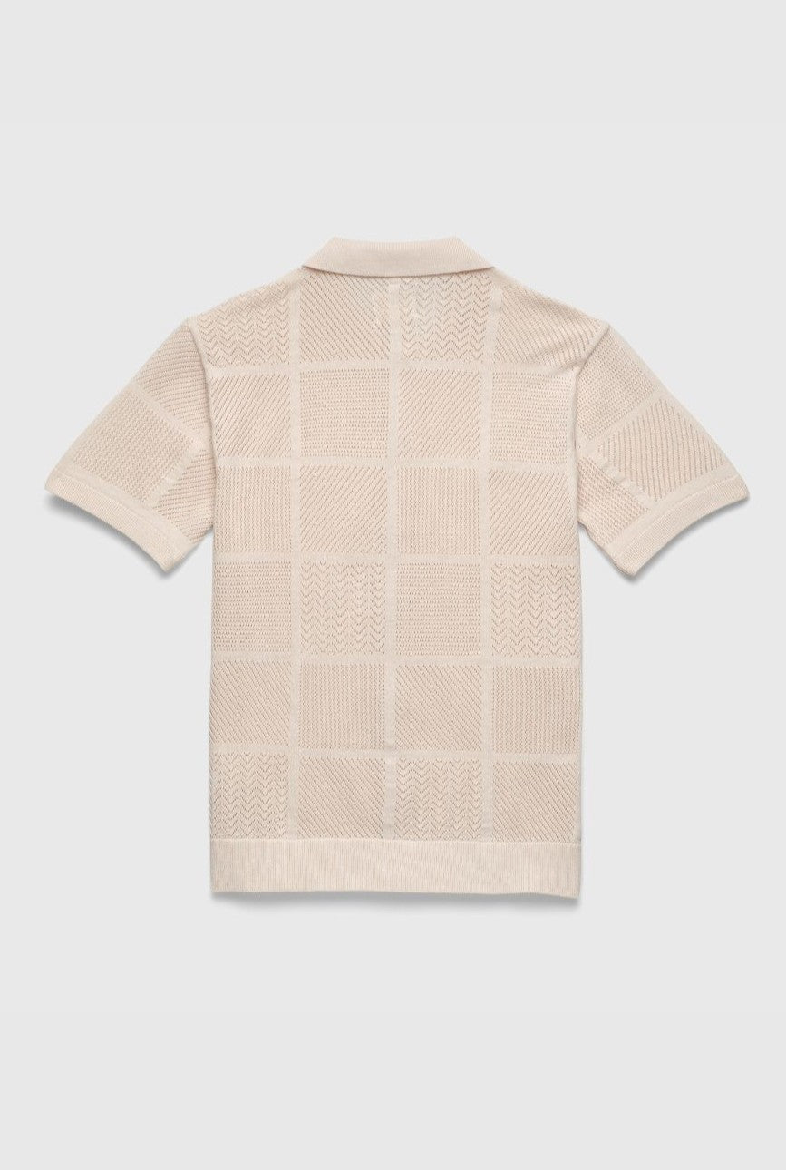 Surfside Supply Co.'s Brent Open Stitch Button Front Sweater in beige is a 100% cotton short-sleeve knit with a subtle checkered pattern, flat collar, ribbed hem, and sleeve cuffs for a refined look. Shown from the back.