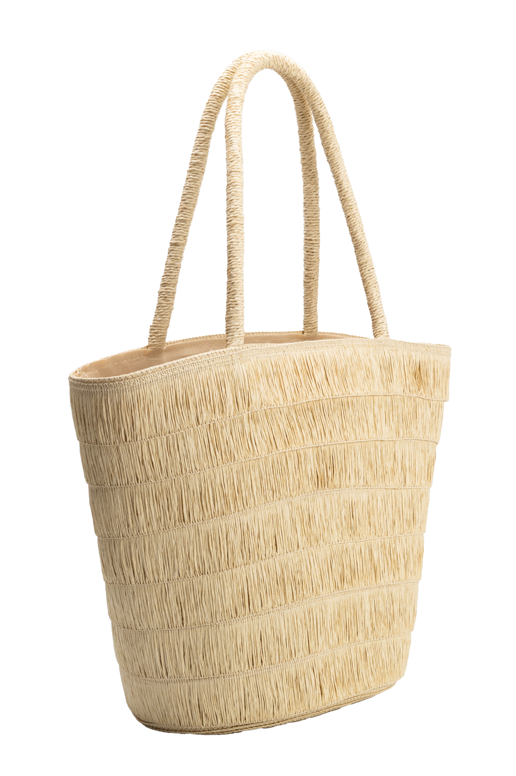 The Melie Bianco Sandy Beach Tote in Natural is a large, beige woven straw bag with two handles and a striped texture. With an open top, it fits a tablet—ideal for carrying to the beach or market.